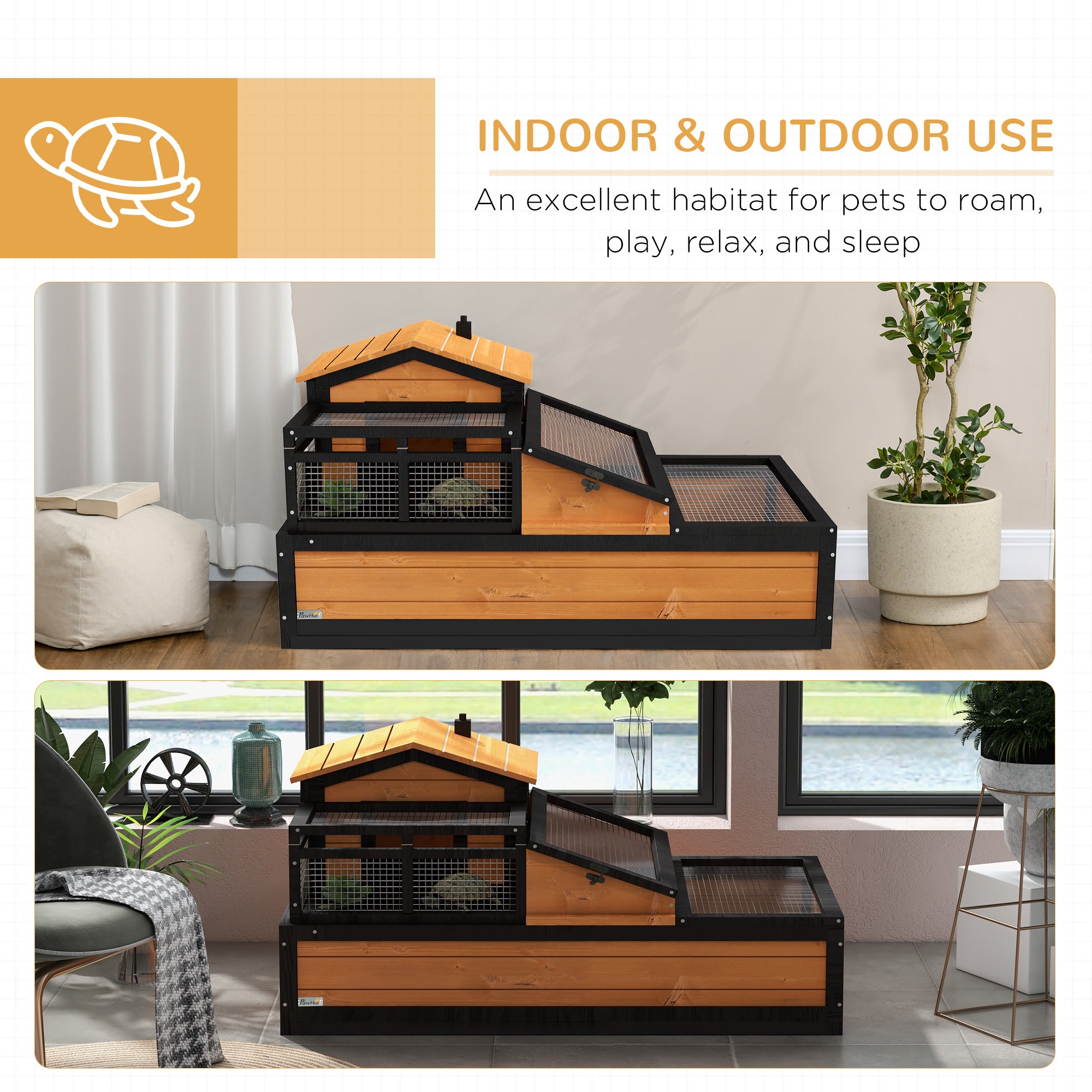 PawHut Tortoise House 3-Room Wooden Tortoise Enclosure Large Reptile Cage with 2 Stories, Ladder, Balcony, Tray, Openable Roof, 59H x 112L x 65Wcm, Yellow