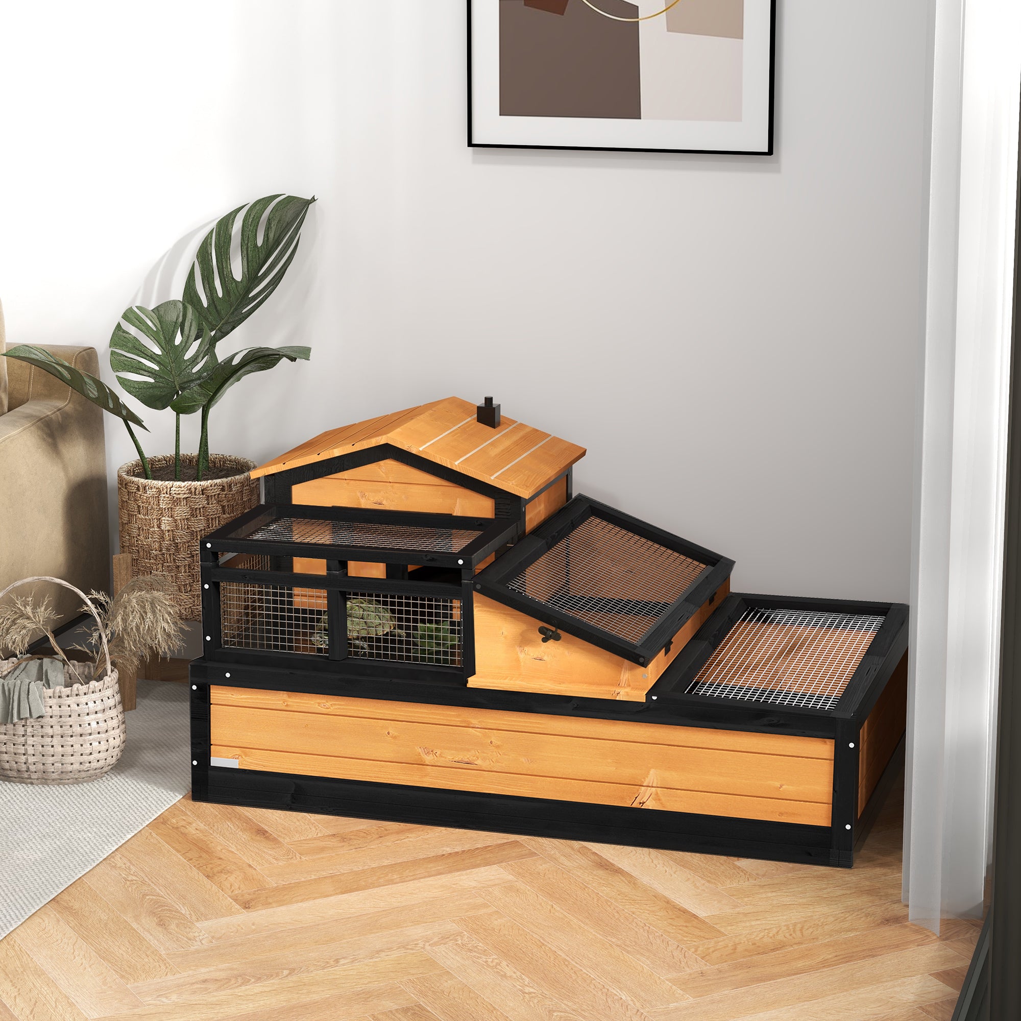PawHut Tortoise House 3-Room Wooden Tortoise Enclosure Large Reptile Cage with 2 Stories, Ladder, Balcony, Tray, Openable Roof, 59H x 112L x 65Wcm, Yellow