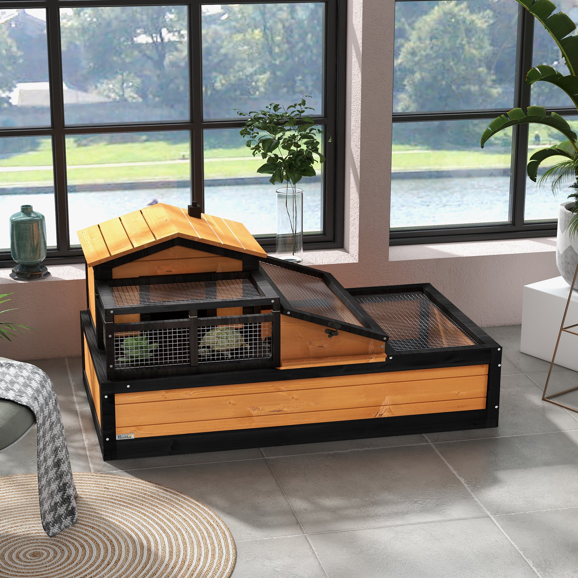 PawHut Tortoise House 3-Room Wooden Tortoise Enclosure Large Reptile Cage with 2 Stories, Ladder, Balcony, Tray, Openable Roof, 59H x 112L x 65Wcm, Yellow