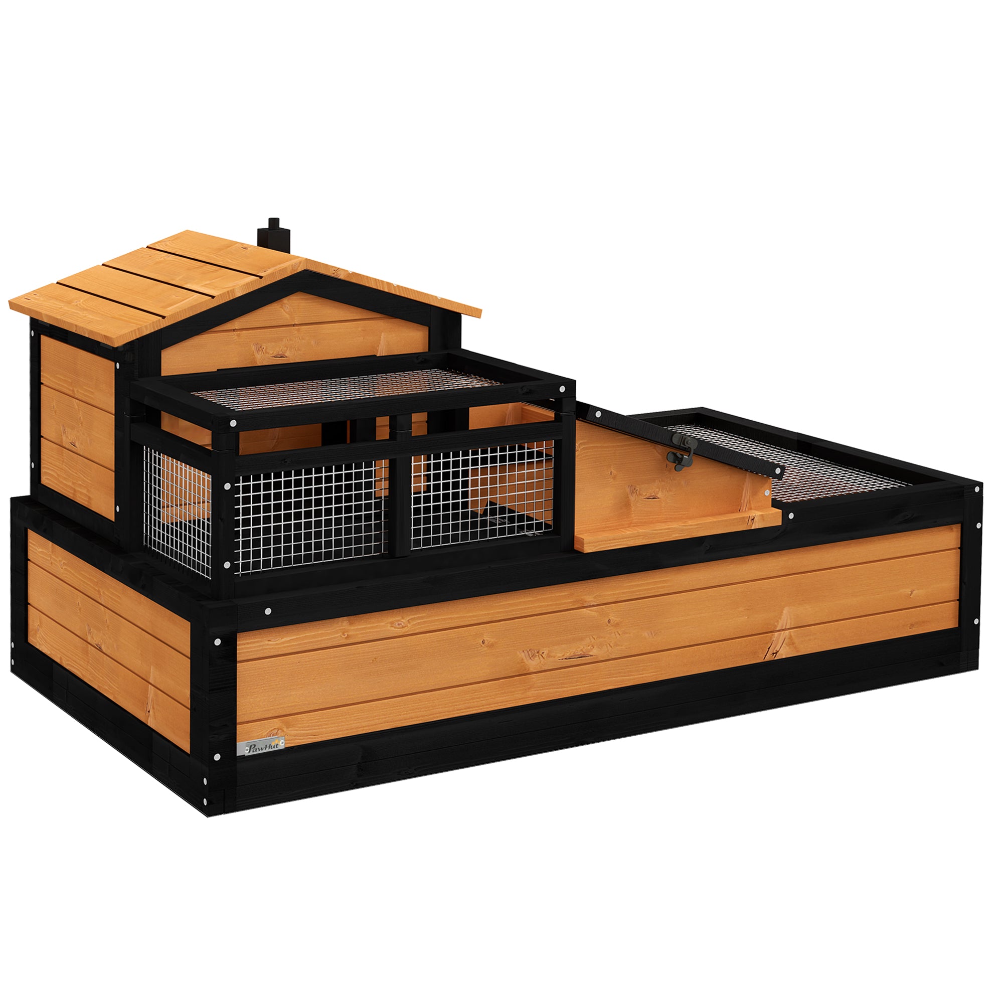 PawHut Tortoise House 3-Room Wooden Tortoise Enclosure Large Reptile Cage with 2 Stories, Ladder, Balcony, Tray, Openable Roof, 59H x 112L x 65Wcm, Yellow