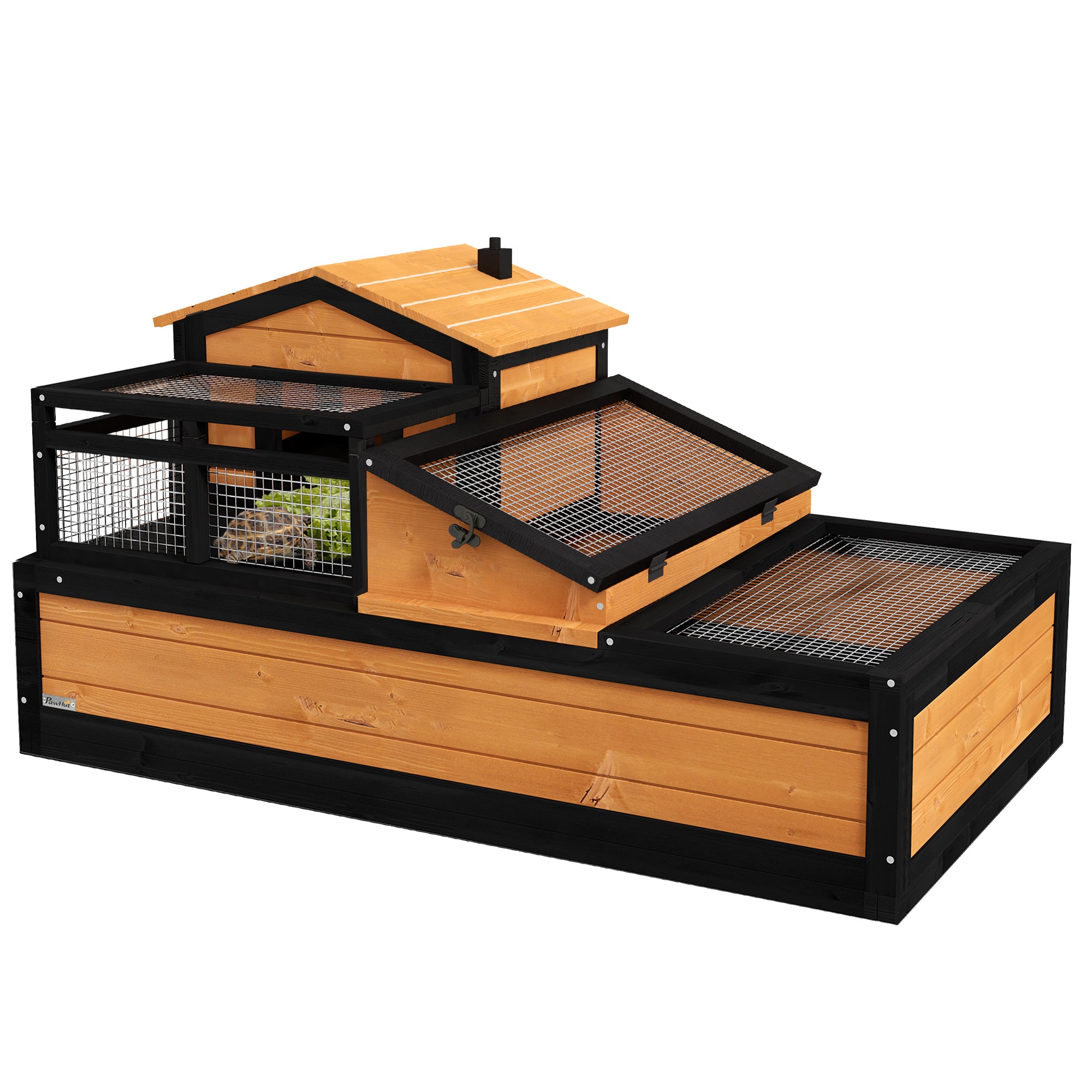 PawHut Tortoise House 3-Room Wooden Tortoise Enclosure Large Reptile Cage with 2 Stories, Ladder, Balcony, Tray, Openable Roof, 59H x 112L x 65Wcm, Yellow