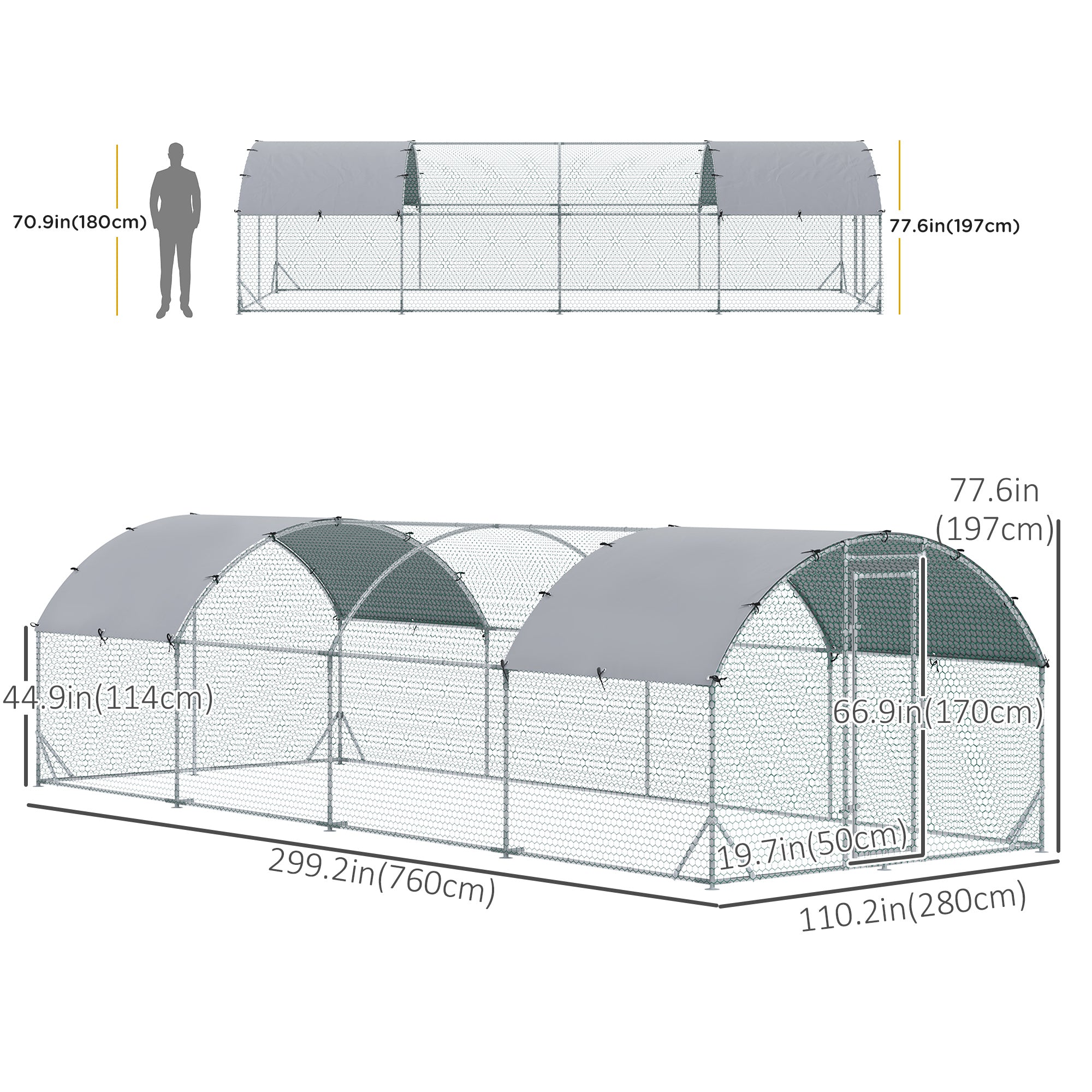 PawHut Galvanized Large Metal Chicken Coop Cage Walk-in Enclosure Poultry Hen Run House Playpen Rabbit Hutch with Cover for Outdoor Backyard 9.2' x 24.9' x 6.5' Silver