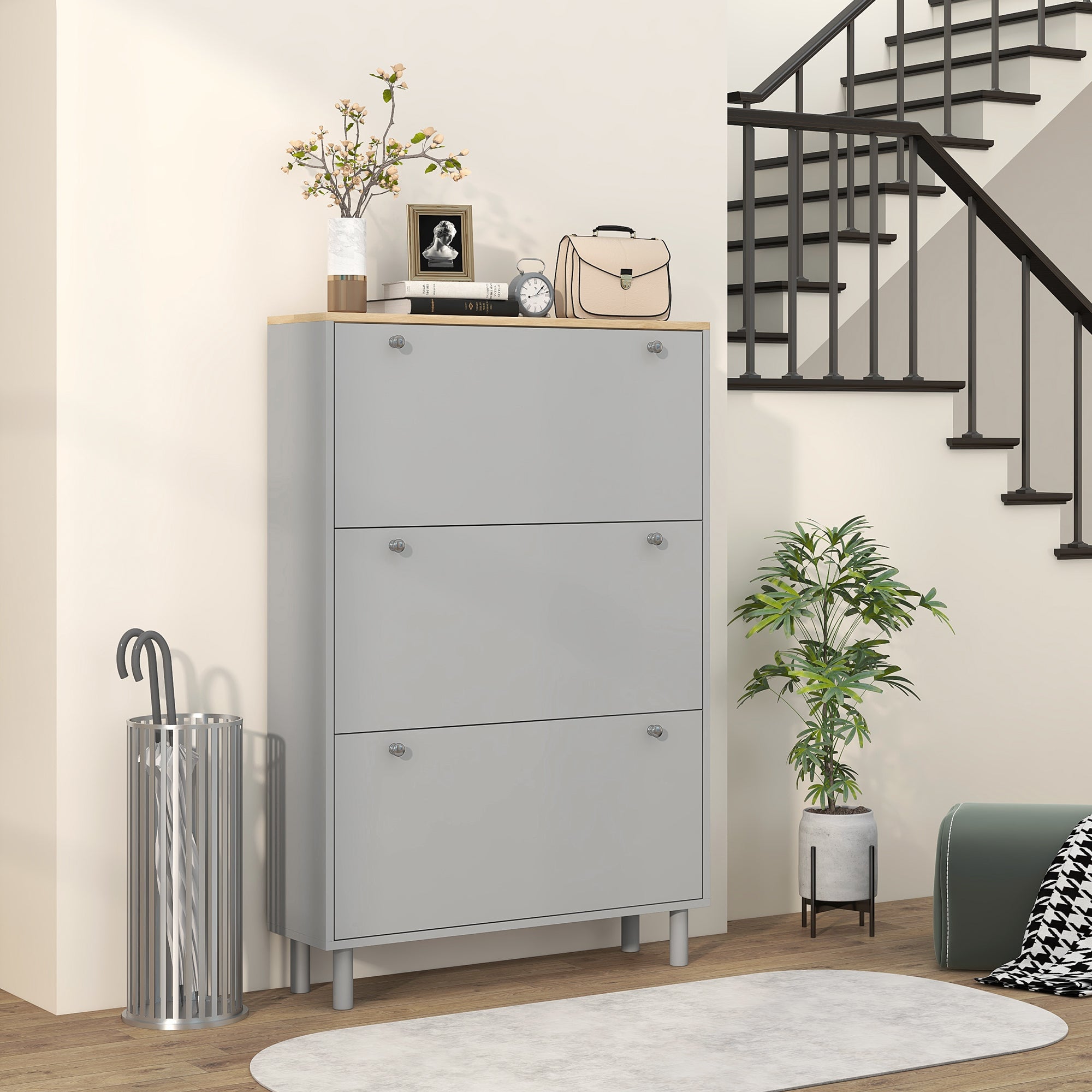 HOMCOM Shoe Cabinet, Narrow Shoe Storage Cabinet with 3 Flip Drawers and Adjustable Shelves for 24 Pairs of Shoes for Entryway, Hallway, Grey