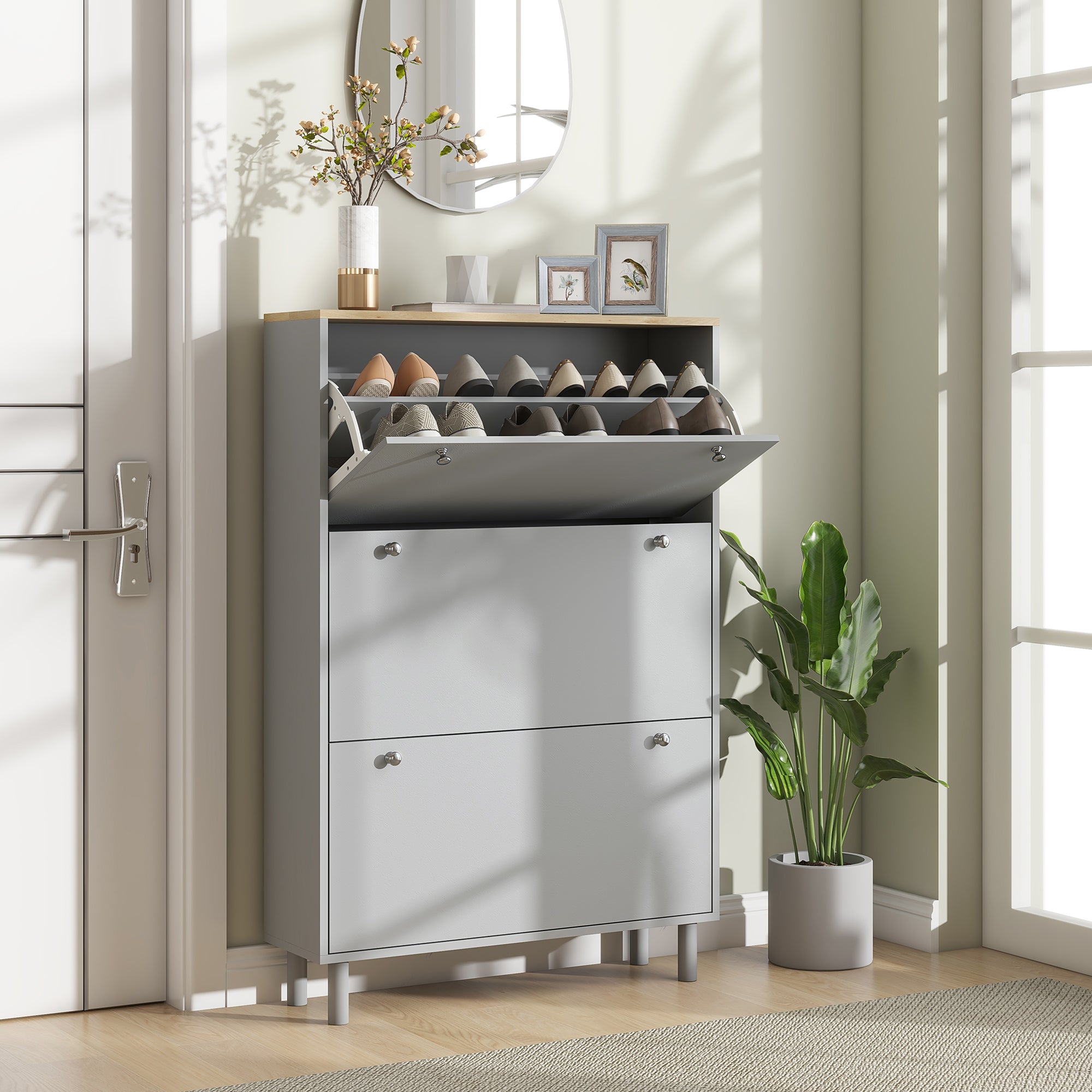 HOMCOM Shoe Cabinet, Narrow Shoe Storage Cabinet with 3 Flip Drawers and Adjustable Shelves for 24 Pairs of Shoes for Entryway, Hallway, Grey