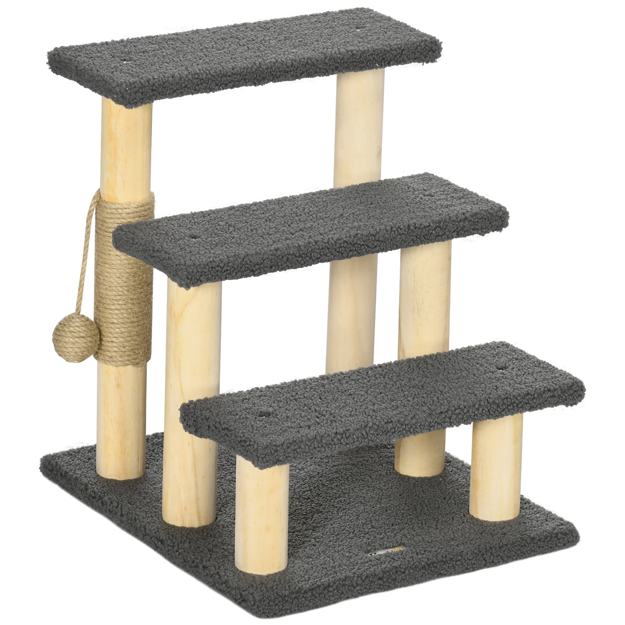 PawHut Dog Steps for Bed 3 Step Pet Stairs for Sofa Cat Tree Climb Ladder Cat Tower w/ Jute Scratching Post Toy Ball, Grey
