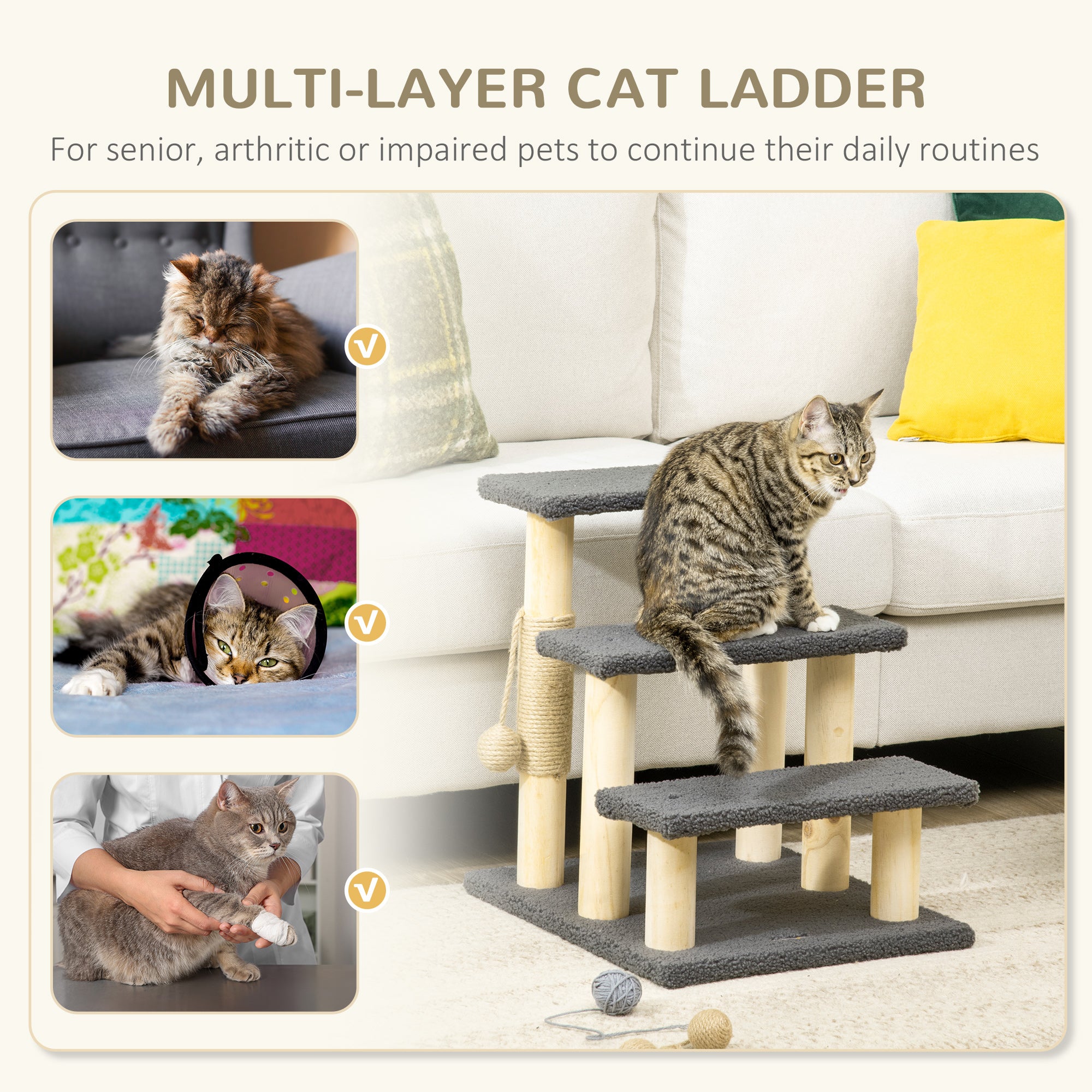 PawHut Dog Steps for Bed 3 Step Pet Stairs for Sofa Cat Tree Climb Ladder Cat Tower w/ Jute Scratching Post Toy Ball, Grey