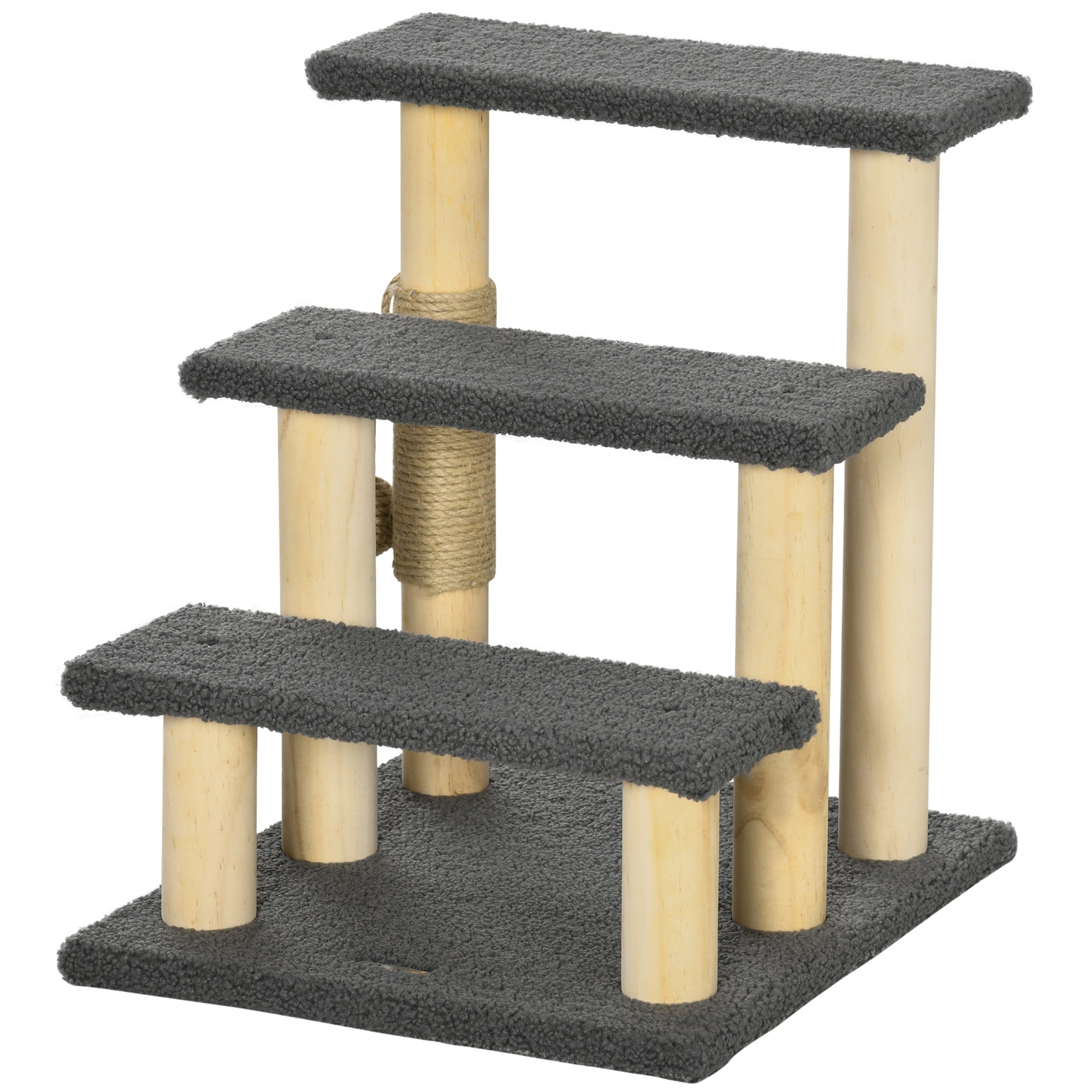 PawHut Dog Steps for Bed 3 Step Pet Stairs for Sofa Cat Tree Climb Ladder Cat Tower w/ Jute Scratching Post Toy Ball, Grey