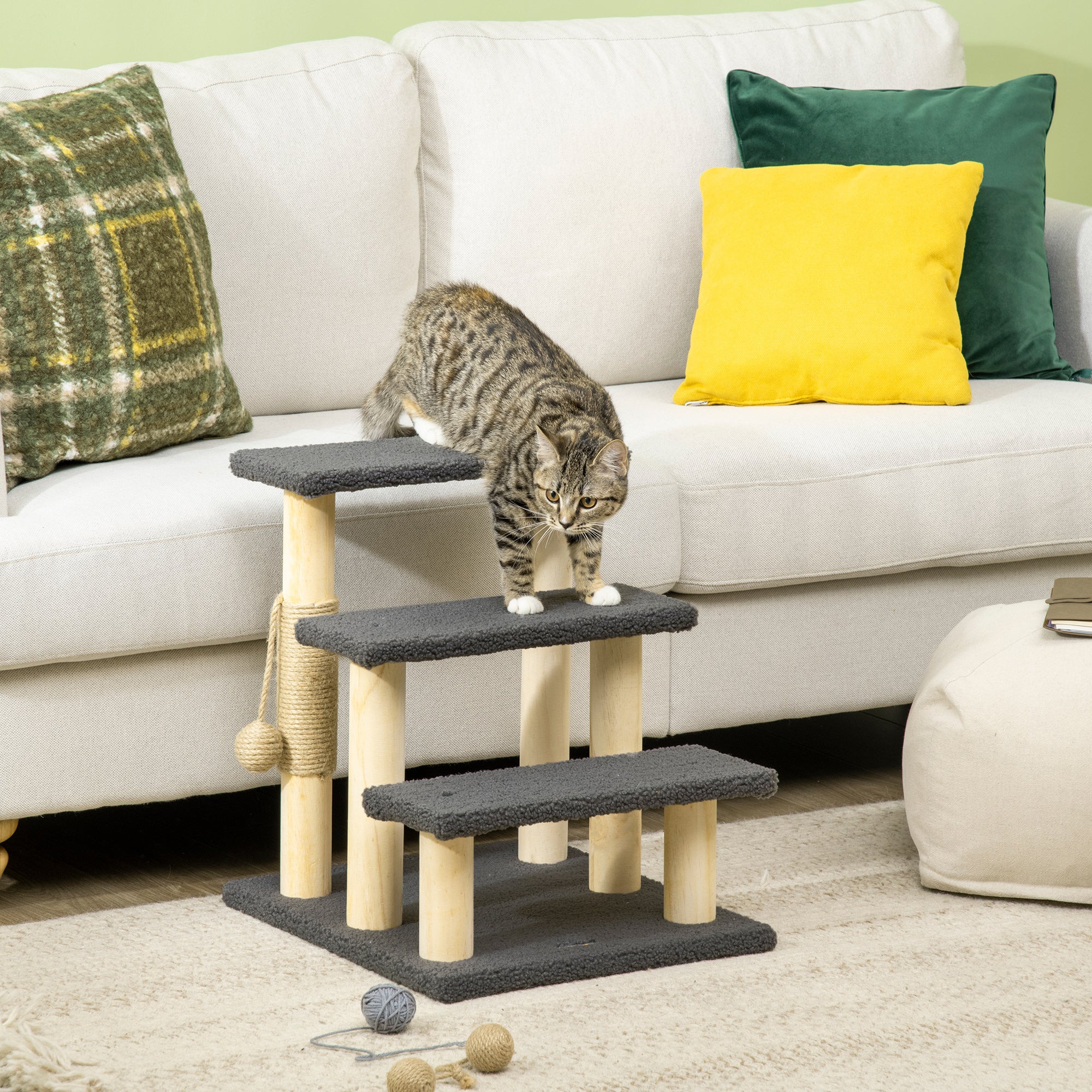 PawHut Dog Steps for Bed 3 Step Pet Stairs for Sofa Cat Tree Climb Ladder Cat Tower w/ Jute Scratching Post Toy Ball, Grey