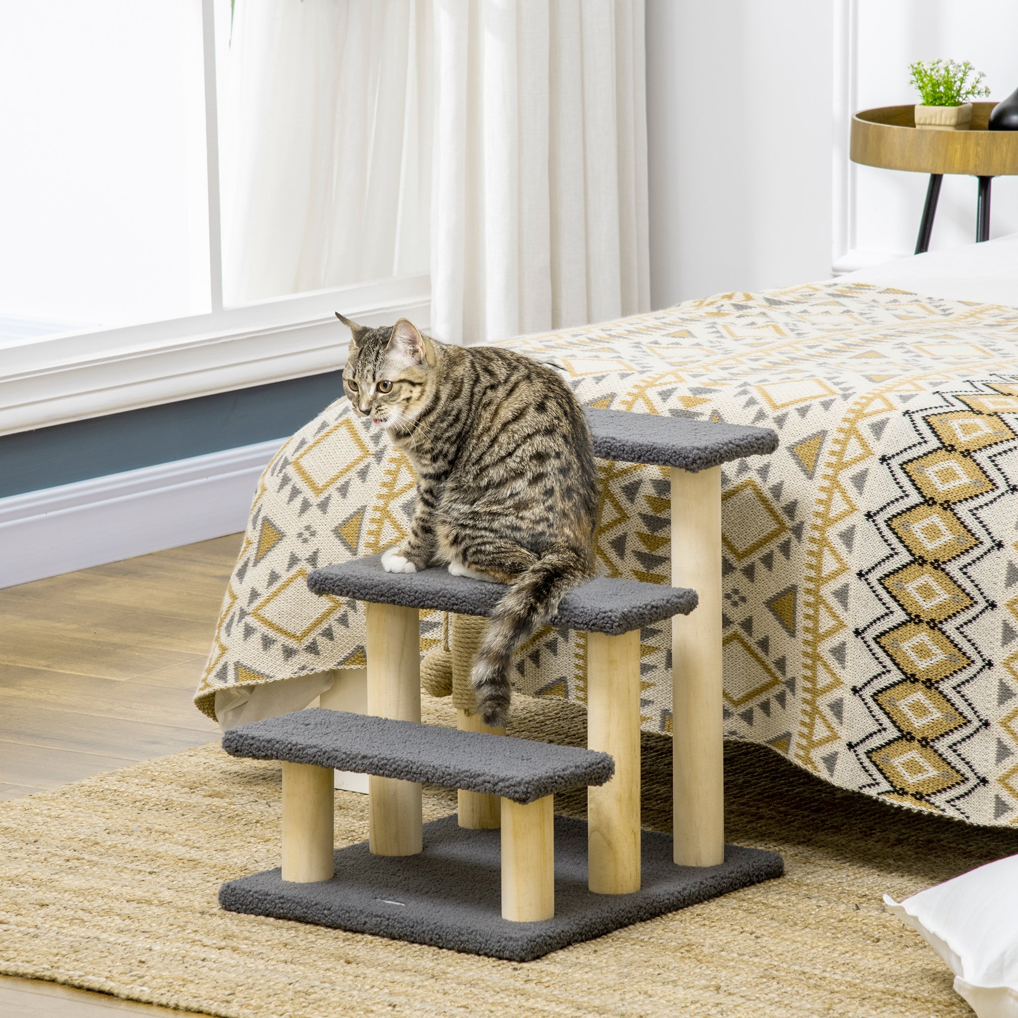 PawHut Dog Steps for Bed 3 Step Pet Stairs for Sofa Cat Tree Climb Ladder Cat Tower w/ Jute Scratching Post Toy Ball, Grey