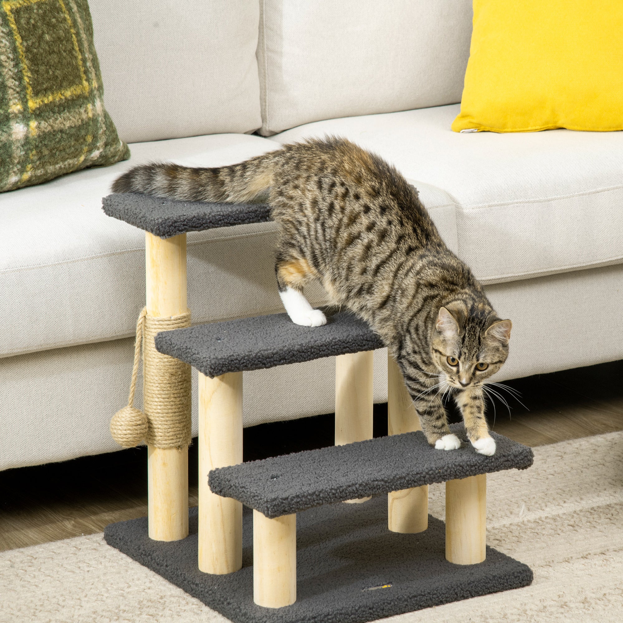 PawHut Dog Steps for Bed 3 Step Pet Stairs for Sofa Cat Tree Climb Ladder Cat Tower w/ Jute Scratching Post Toy Ball, Grey