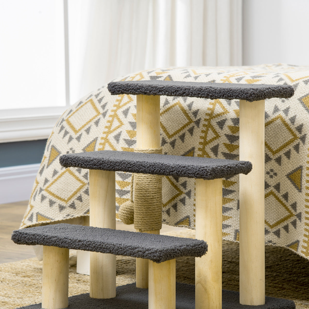 PawHut Dog Steps for Bed 3 Step Pet Stairs for Sofa Cat Tree Climb Ladder Cat Tower w/ Jute Scratching Post Toy Ball, Grey