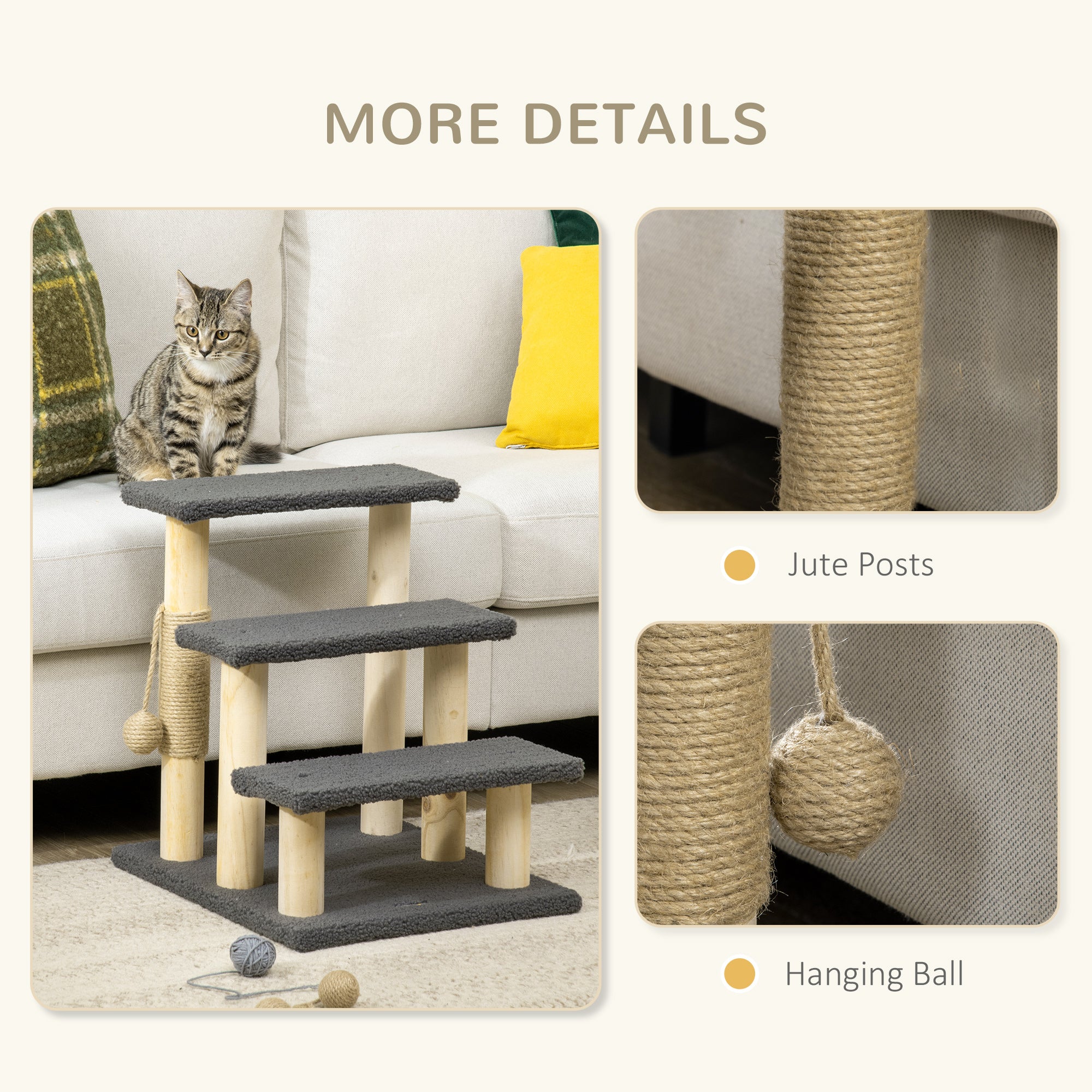 PawHut Dog Steps for Bed 3 Step Pet Stairs for Sofa Cat Tree Climb Ladder Cat Tower w/ Jute Scratching Post Toy Ball, Grey