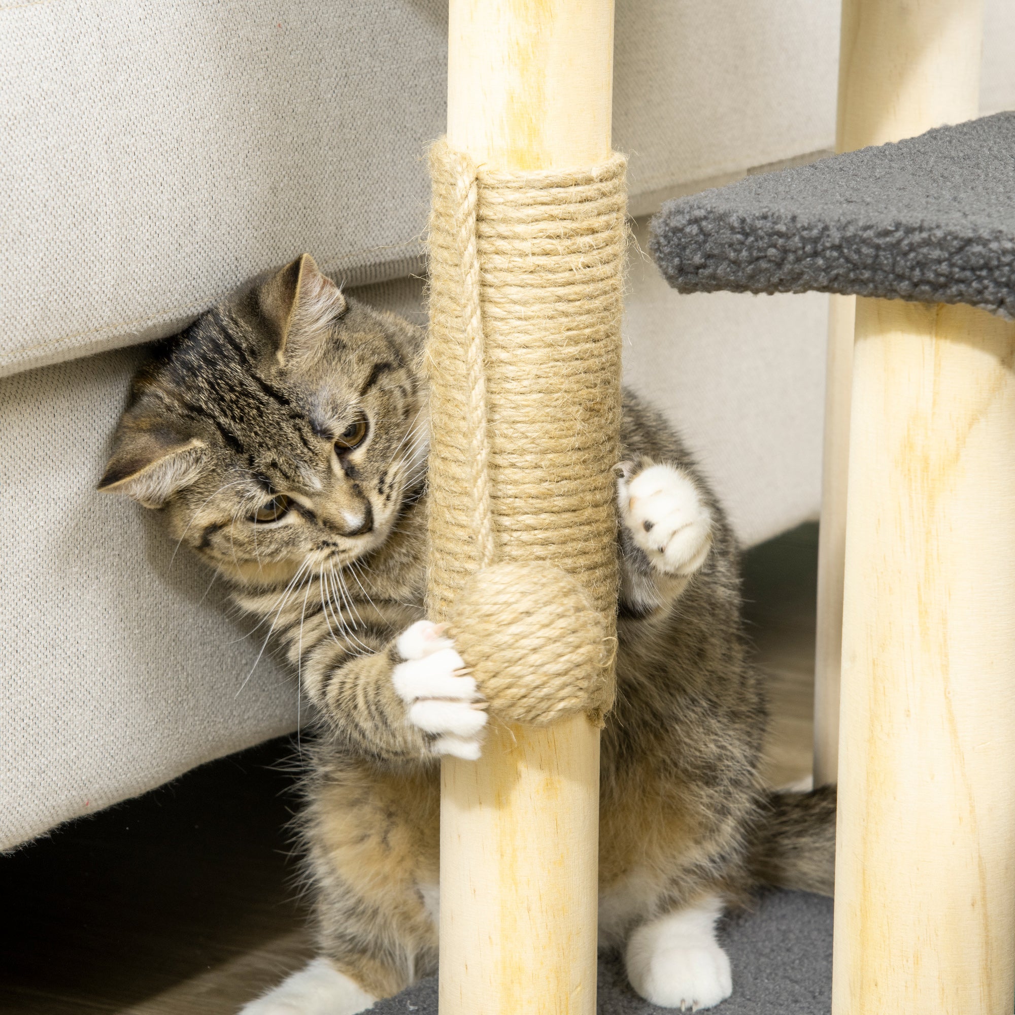 PawHut Dog Steps for Bed 3 Step Pet Stairs for Sofa Cat Tree Climb Ladder Cat Tower w/ Jute Scratching Post Toy Ball, Grey