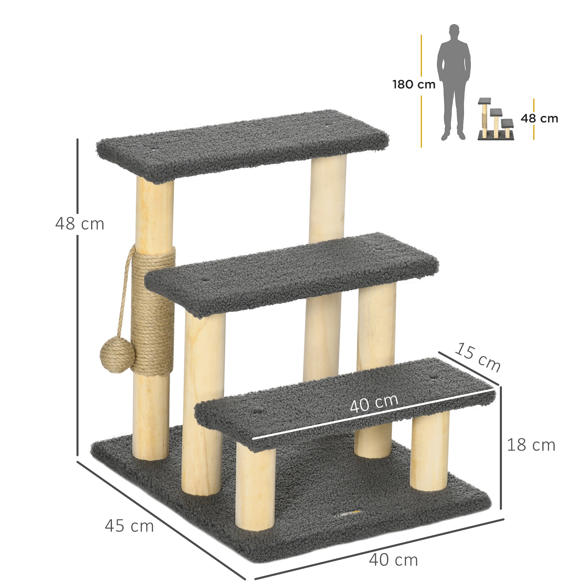 PawHut Dog Steps for Bed 3 Step Pet Stairs for Sofa Cat Tree Climb Ladder Cat Tower w/ Jute Scratching Post Toy Ball, Grey
