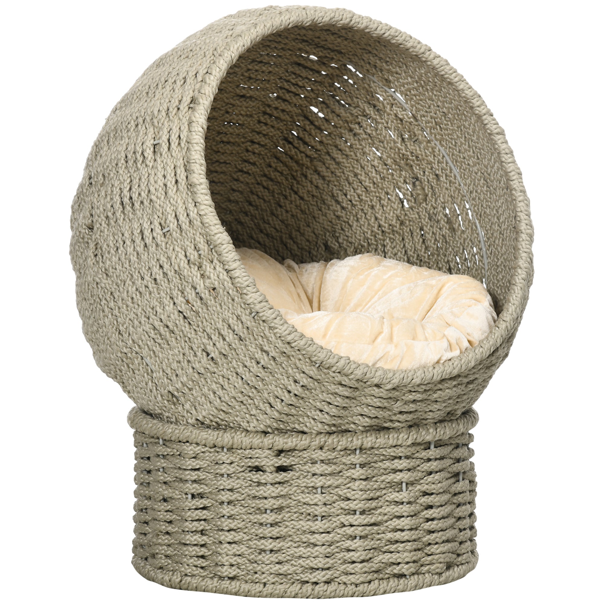 PawHut Handwoven Elevated Cat Bed with Soft Cushion & Cat Egg Chair Shape, Cat Basket Bed Kitty House with Stand, Raised Wicker Cat Bed for Indoor Cats, 23.5" H, Herbal Gray