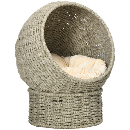PawHut Handwoven Elevated Cat Bed with Soft Cushion & Cat Egg Chair Shape, Cat Basket Bed Kitty House with Stand, Raised Wicker Cat Bed for Indoor Cats, 23.5" H, Herbal Gray