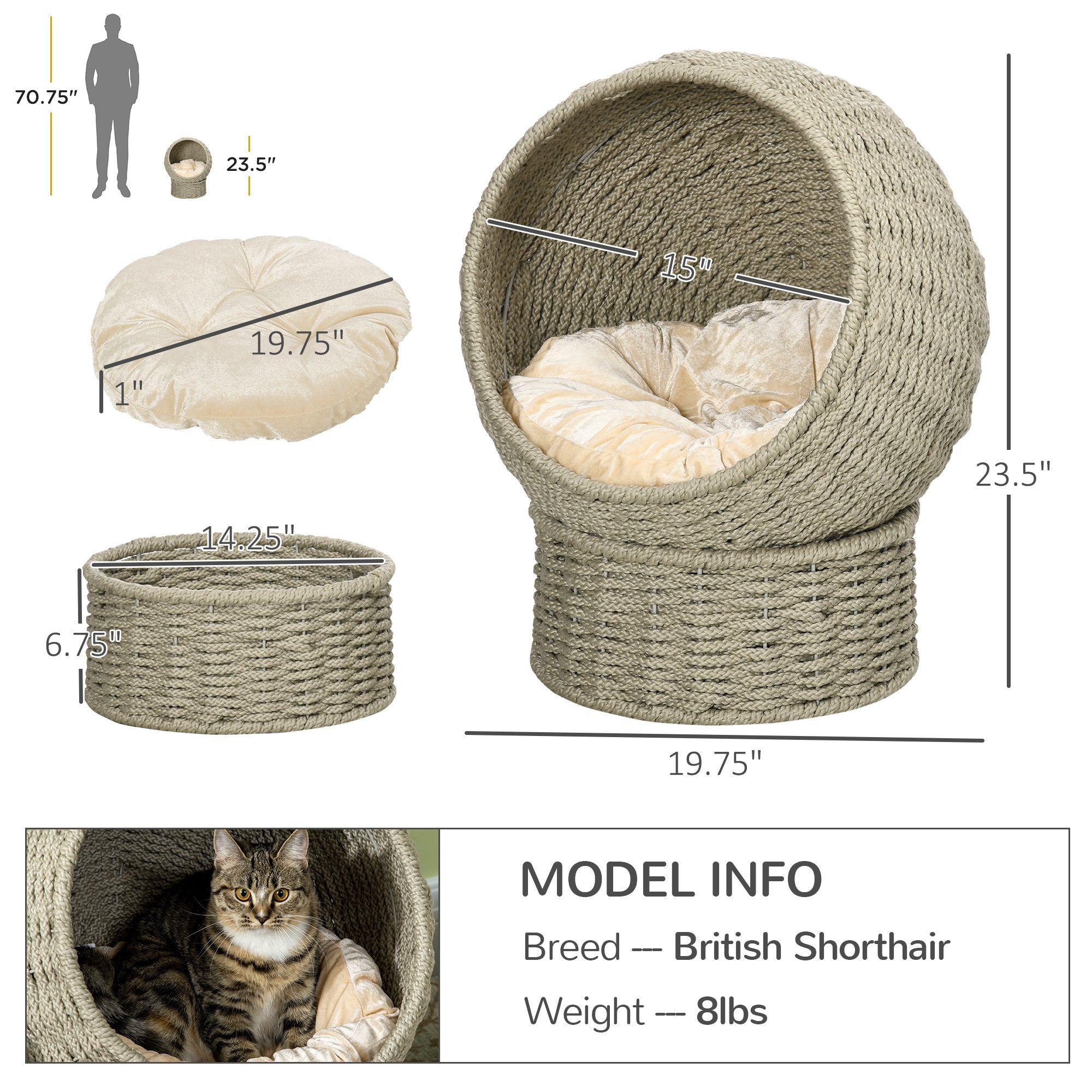PawHut Handwoven Elevated Cat Bed with Soft Cushion & Cat Egg Chair Shape, Cat Basket Bed Kitty House with Stand, Raised Wicker Cat Bed for Indoor Cats, 23.5" H, Herbal Gray