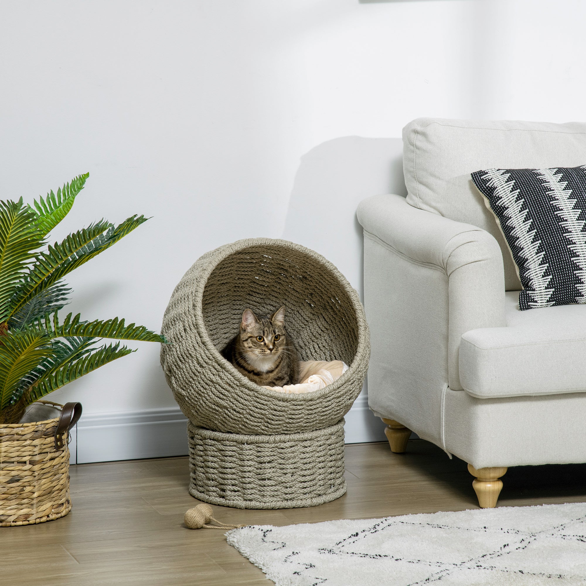 PawHut Handwoven Elevated Cat Bed with Soft Cushion & Cat Egg Chair Shape, Cat Basket Bed Kitty House with Stand, Raised Wicker Cat Bed for Indoor Cats, 23.5" H, Herbal Gray