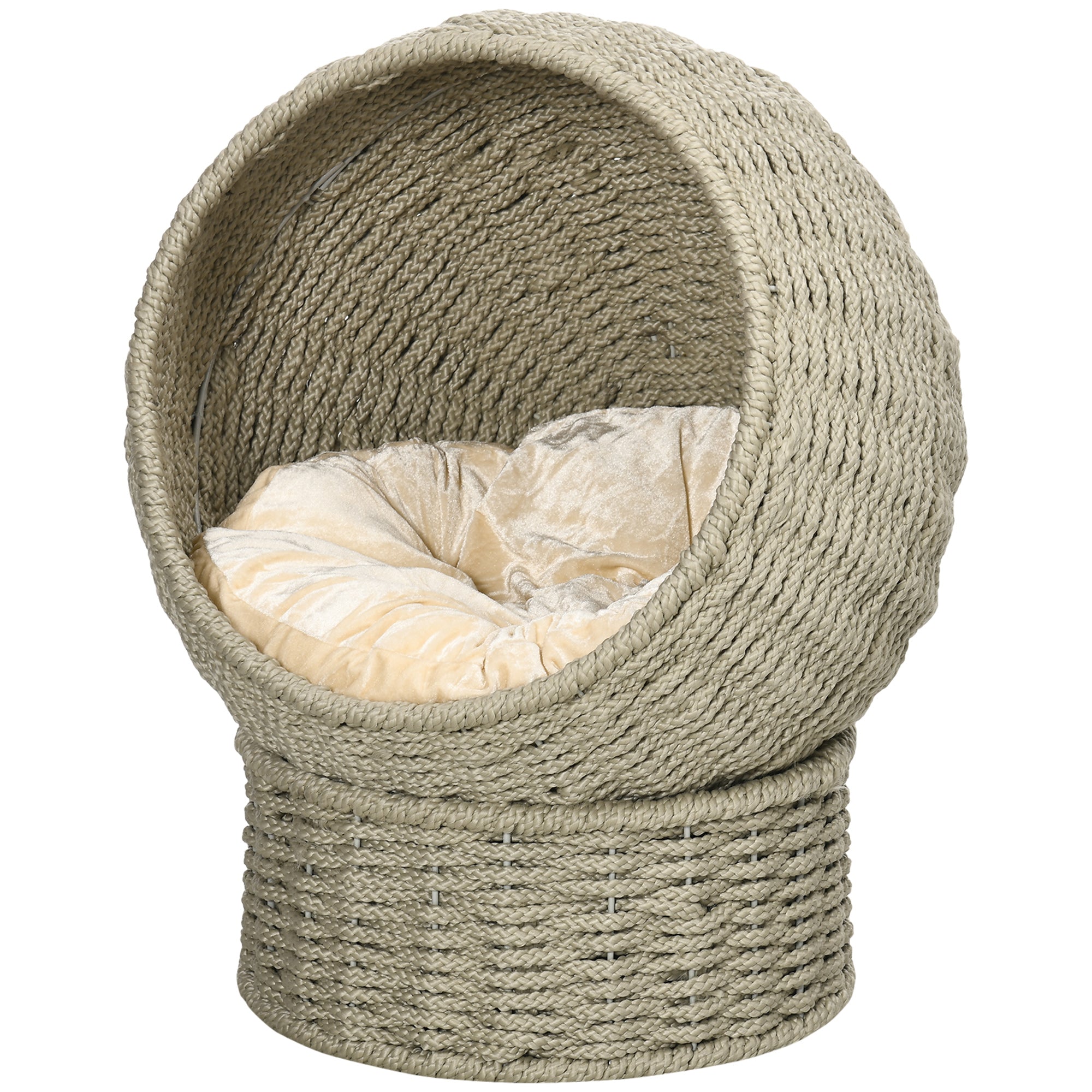 PawHut Handwoven Elevated Cat Bed with Soft Cushion & Cat Egg Chair Shape, Cat Basket Bed Kitty House with Stand, Raised Wicker Cat Bed for Indoor Cats, 23.5" H, Herbal Gray