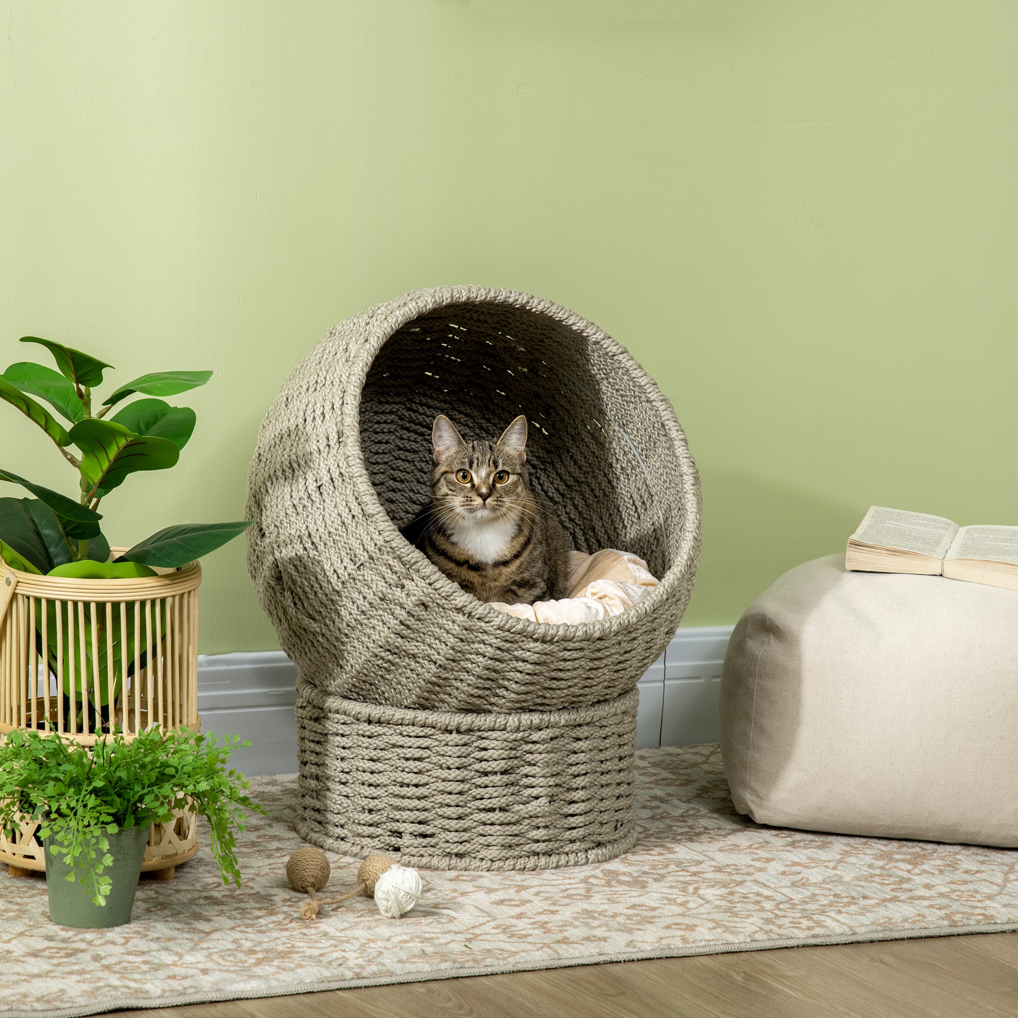 PawHut Handwoven Elevated Cat Bed with Soft Cushion & Cat Egg Chair Shape, Cat Basket Bed Kitty House with Stand, Raised Wicker Cat Bed for Indoor Cats, 23.5" H, Herbal Gray