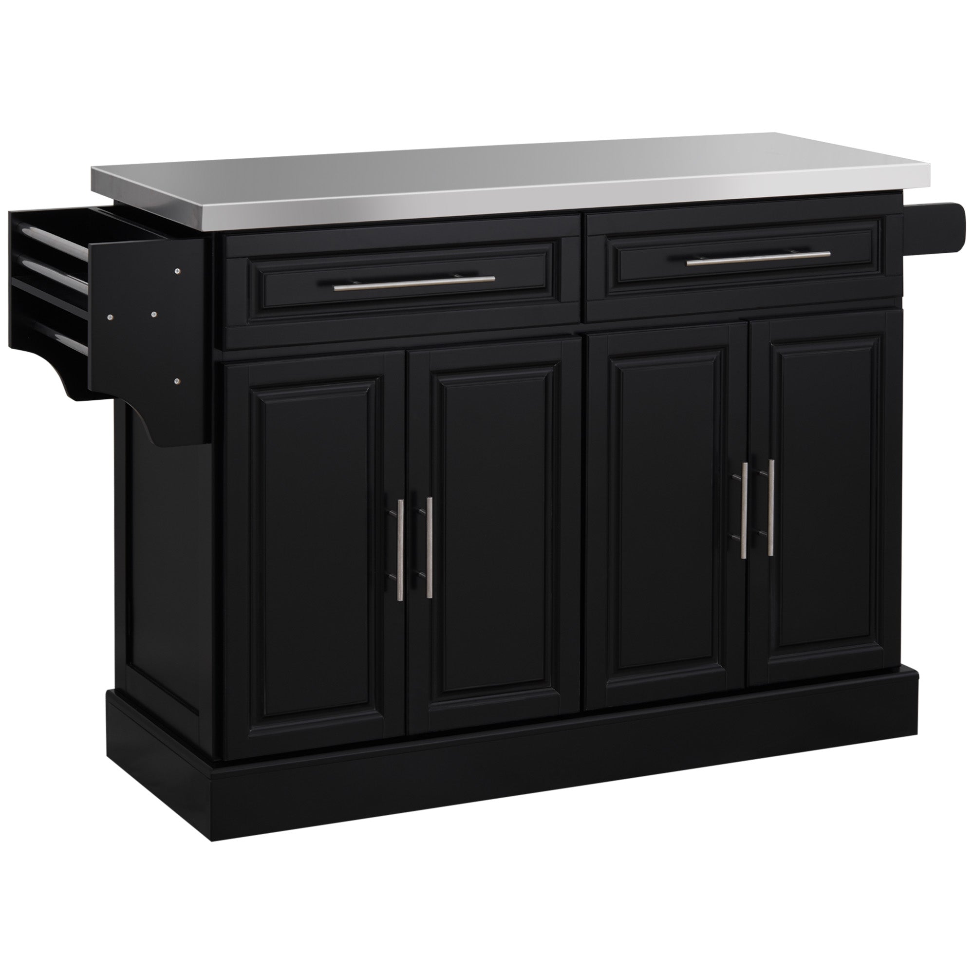 HOMCOM Kitchen Island with Storage, Rolling Kitchen Cart on Wheels with Stainless Steel Top, 2 Drawers, 2 Cabinets, Spice Rack, Knife and Towel Rack, Black