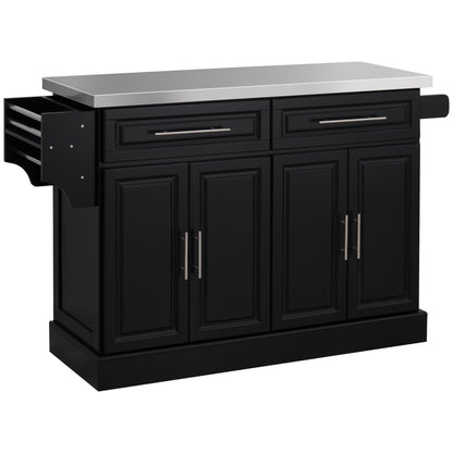 HOMCOM Kitchen Island with Storage, Rolling Kitchen Cart on Wheels with Stainless Steel Top, 2 Drawers, 2 Cabinets, Spice Rack, Knife and Towel Rack, Black