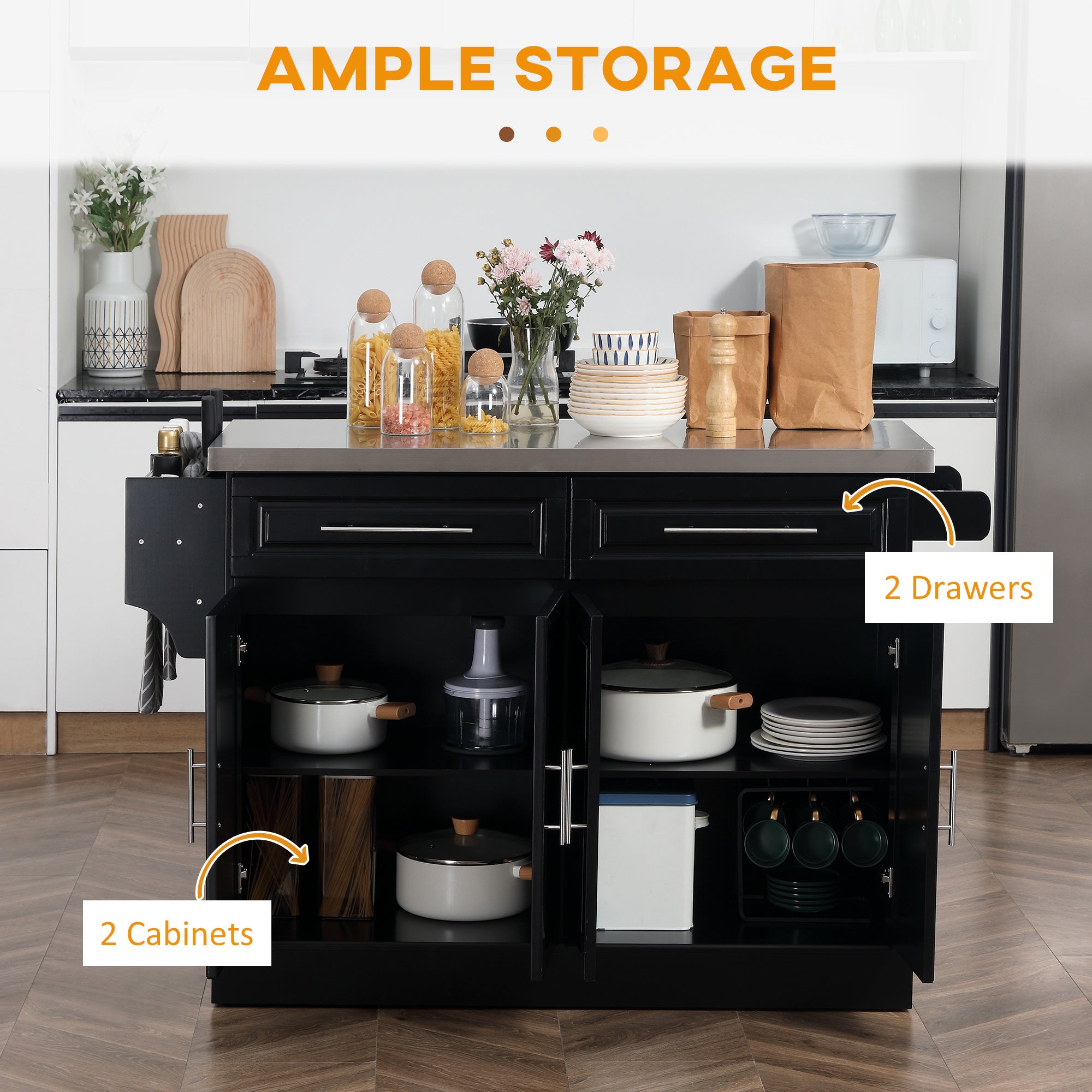 HOMCOM Kitchen Island with Storage, Rolling Kitchen Cart on Wheels with Stainless Steel Top, 2 Drawers, 2 Cabinets, Spice Rack, Knife and Towel Rack, Black