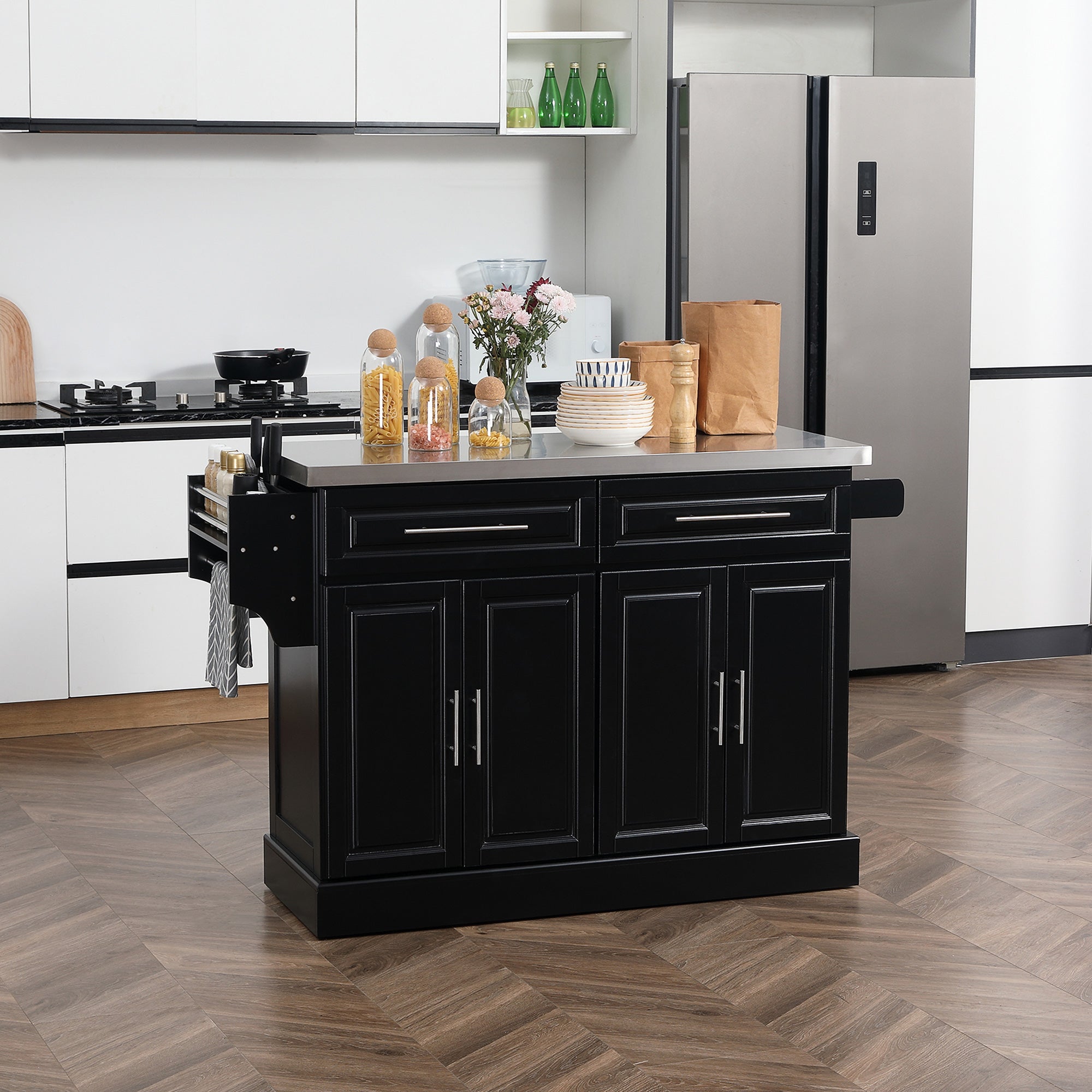 HOMCOM Kitchen Island with Storage, Rolling Kitchen Cart on Wheels with Stainless Steel Top, 2 Drawers, 2 Cabinets, Spice Rack, Knife and Towel Rack, Black
