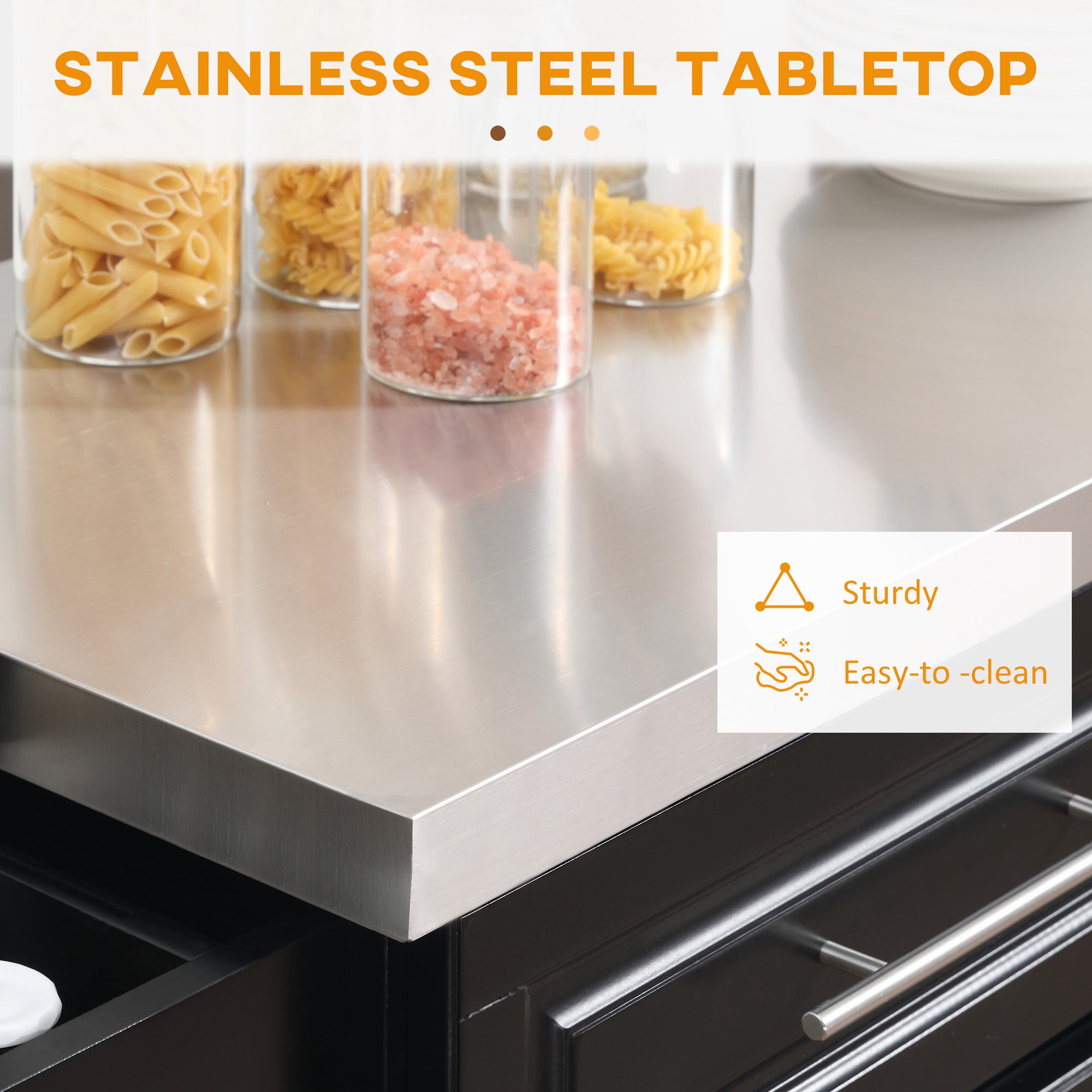 HOMCOM Kitchen Island with Storage, Rolling Kitchen Cart on Wheels with Stainless Steel Top, 2 Drawers, 2 Cabinets, Spice Rack, Knife and Towel Rack, Black