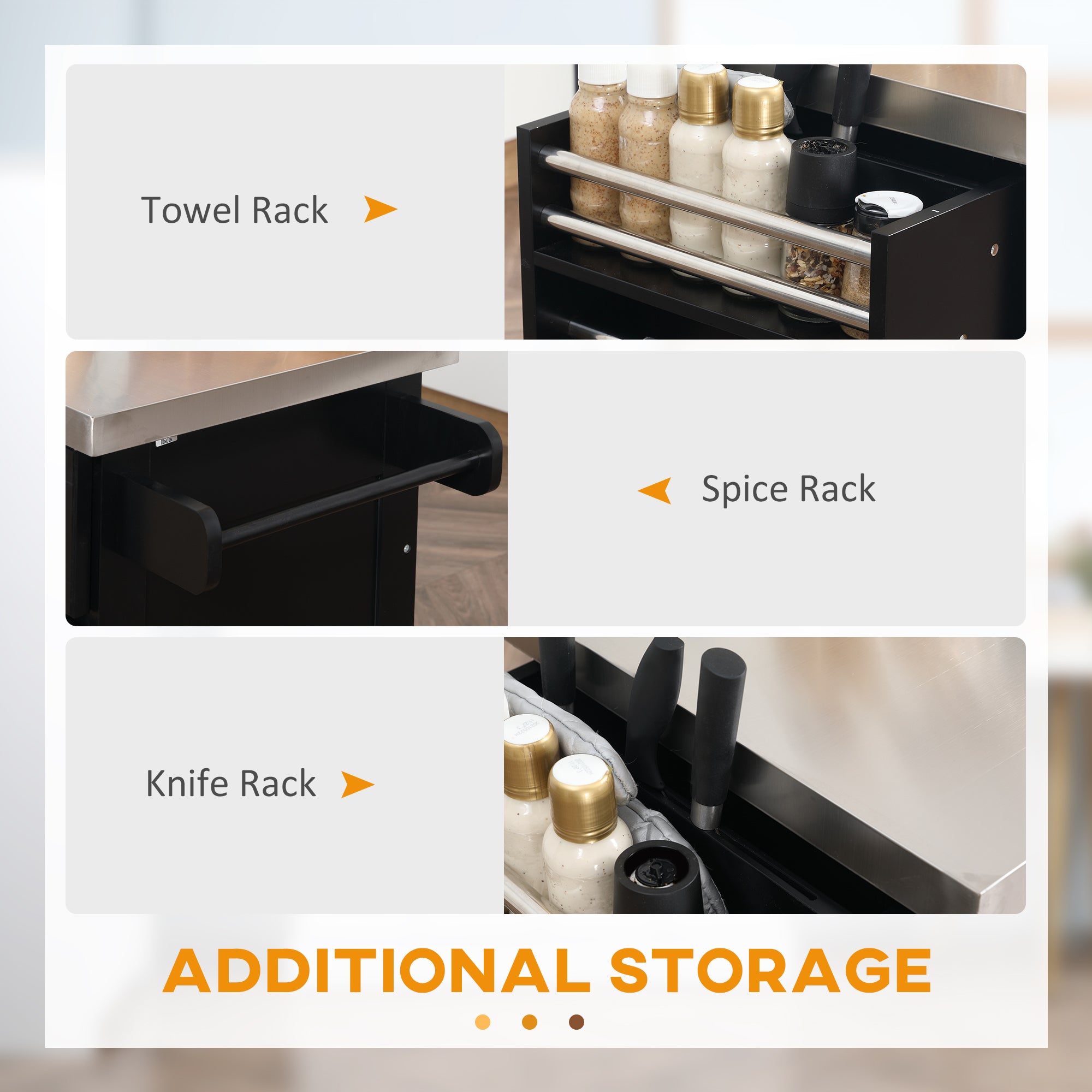 HOMCOM Kitchen Island with Storage, Rolling Kitchen Cart on Wheels with Stainless Steel Top, 2 Drawers, 2 Cabinets, Spice Rack, Knife and Towel Rack, Black