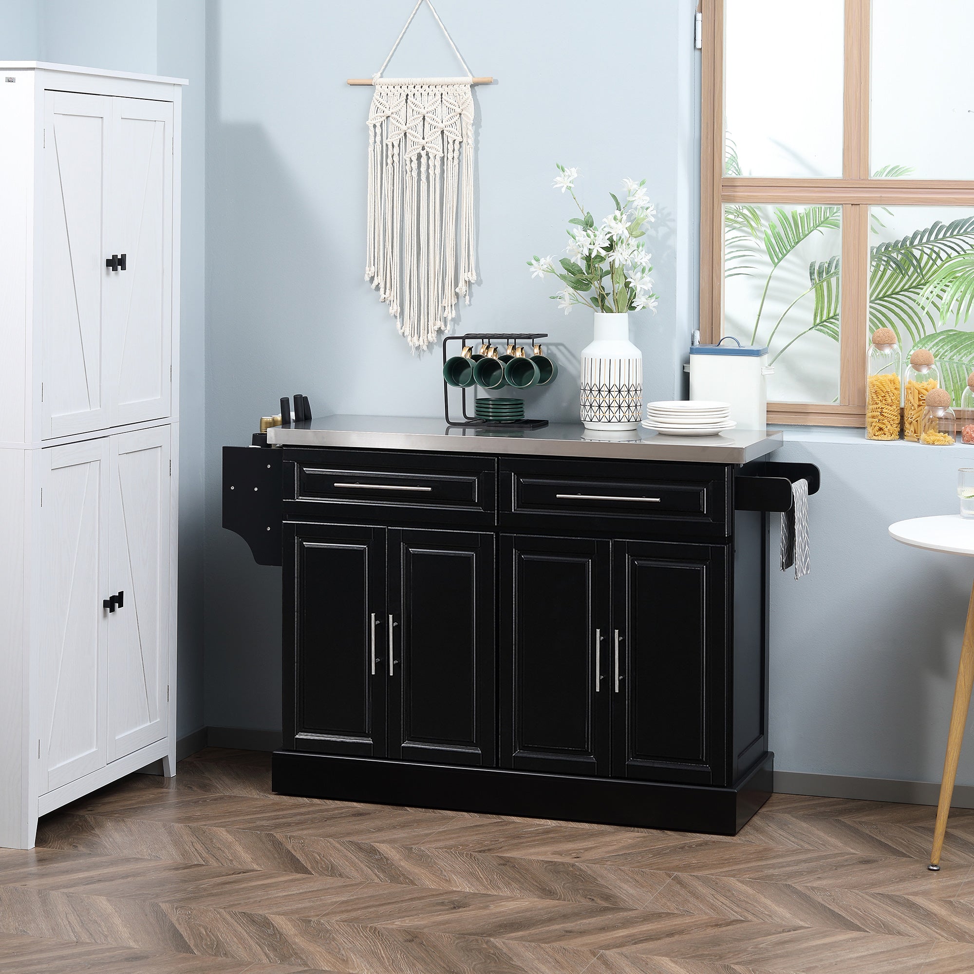 HOMCOM Kitchen Island with Storage, Rolling Kitchen Cart on Wheels with Stainless Steel Top, 2 Drawers, 2 Cabinets, Spice Rack, Knife and Towel Rack, Black