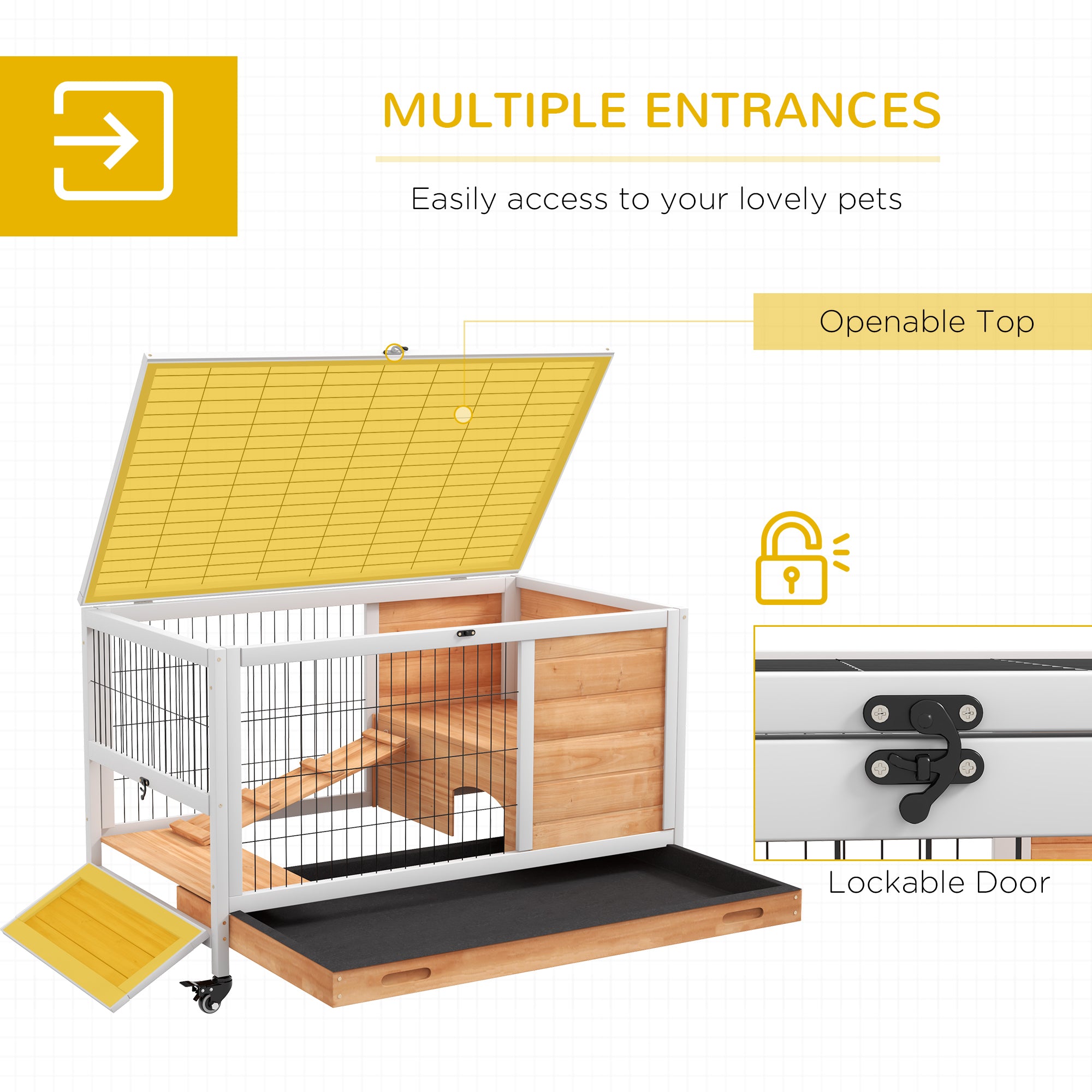 PawHut Wooden Guinea Pig Hutch,  Small Animal Cage with Openable Roof, Indoor Enclosed Run with No-Leak Tray, Yellow