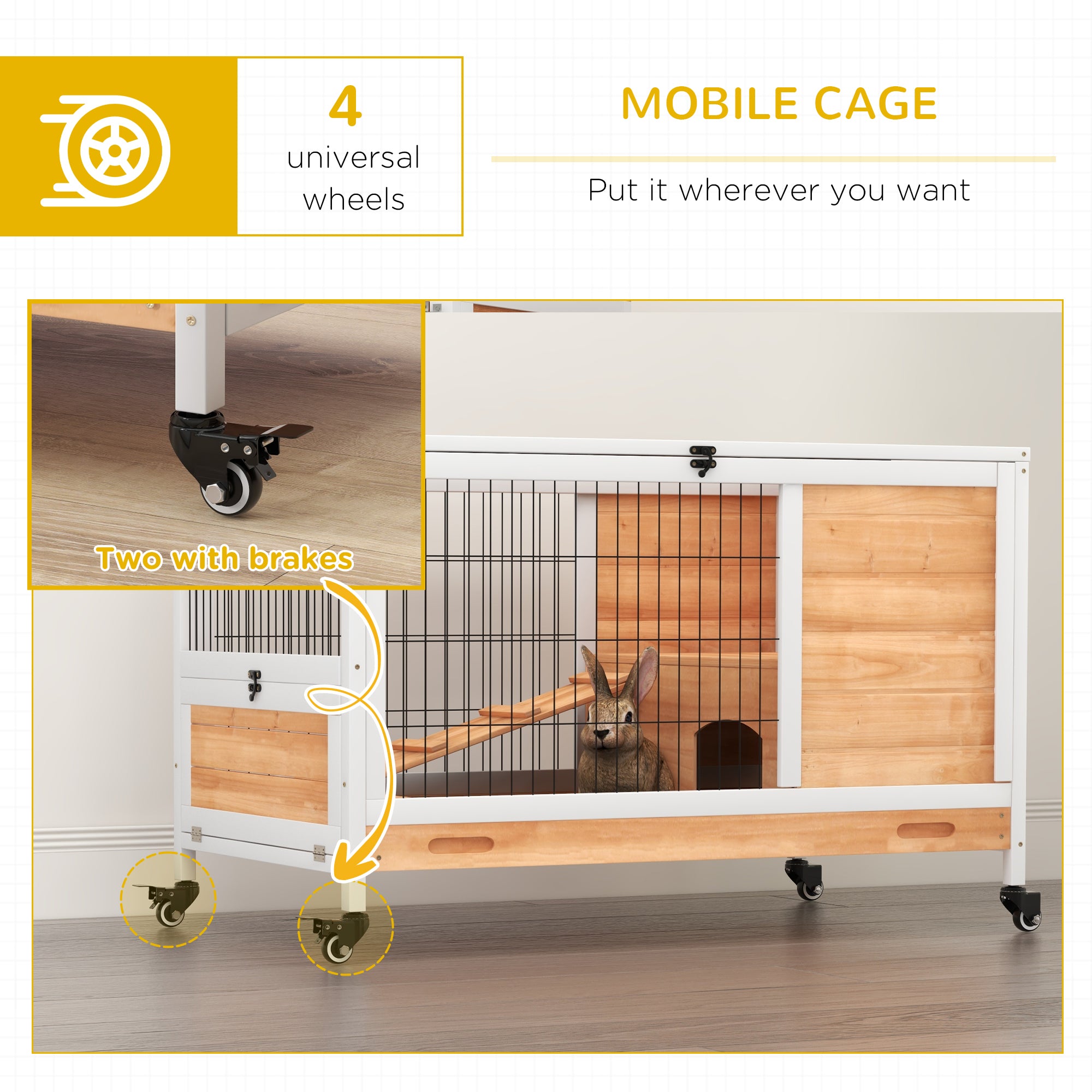 PawHut Wooden Guinea Pig Hutch,  Small Animal Cage with Openable Roof, Indoor Enclosed Run with No-Leak Tray, Yellow