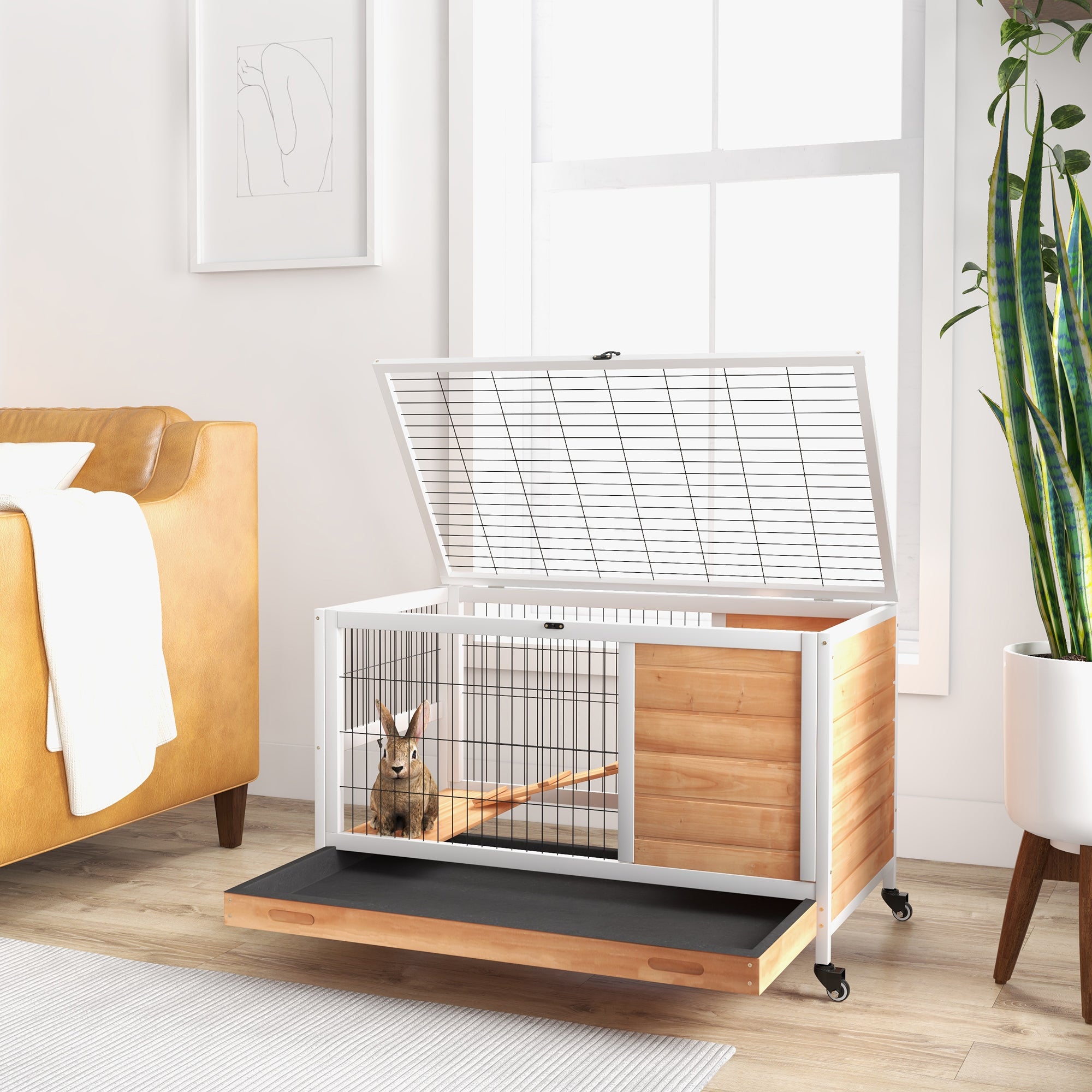 PawHut Wooden Guinea Pig Hutch,  Small Animal Cage with Openable Roof, Indoor Enclosed Run with No-Leak Tray, Yellow