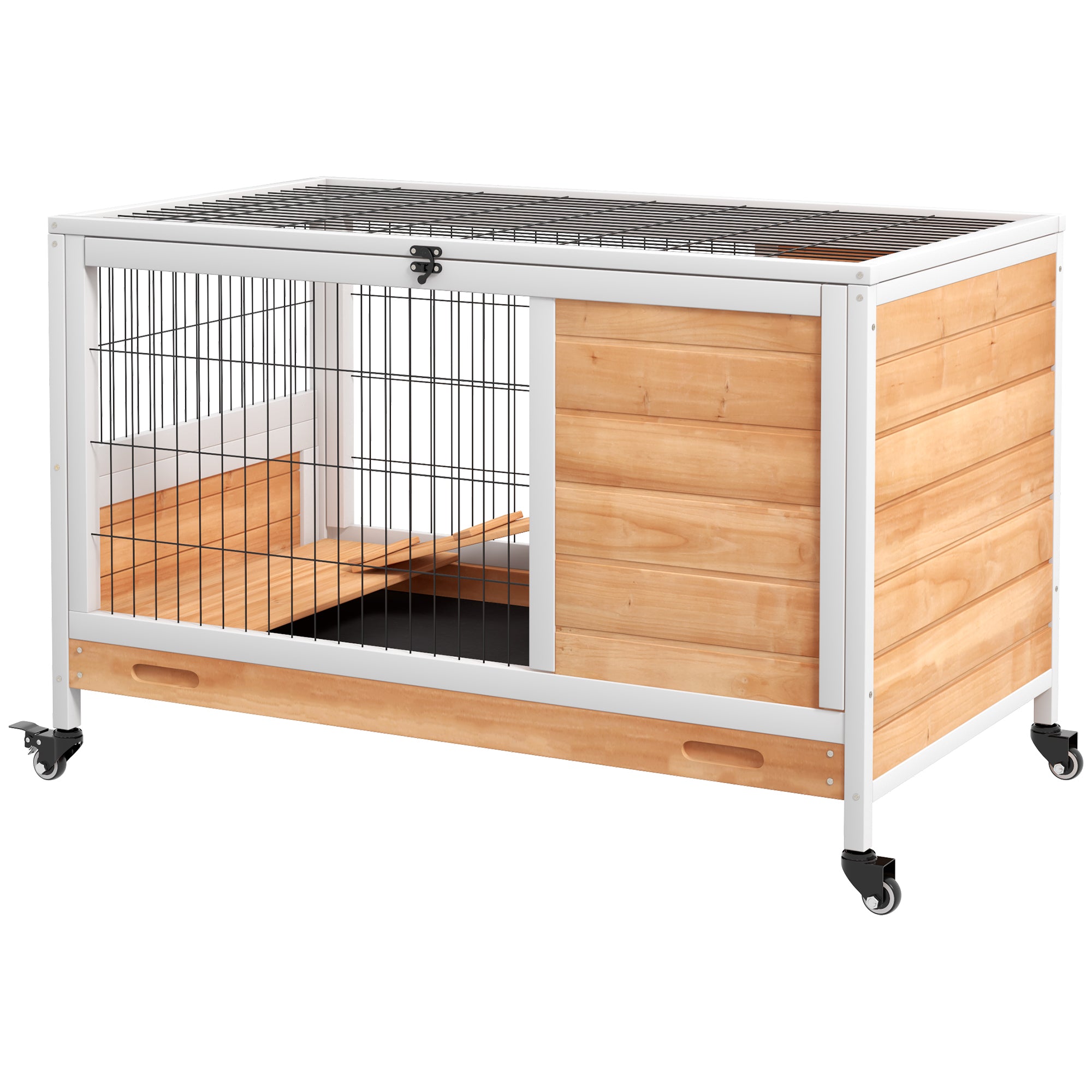 PawHut Wooden Guinea Pig Hutch,  Small Animal Cage with Openable Roof, Indoor Enclosed Run with No-Leak Tray, Yellow