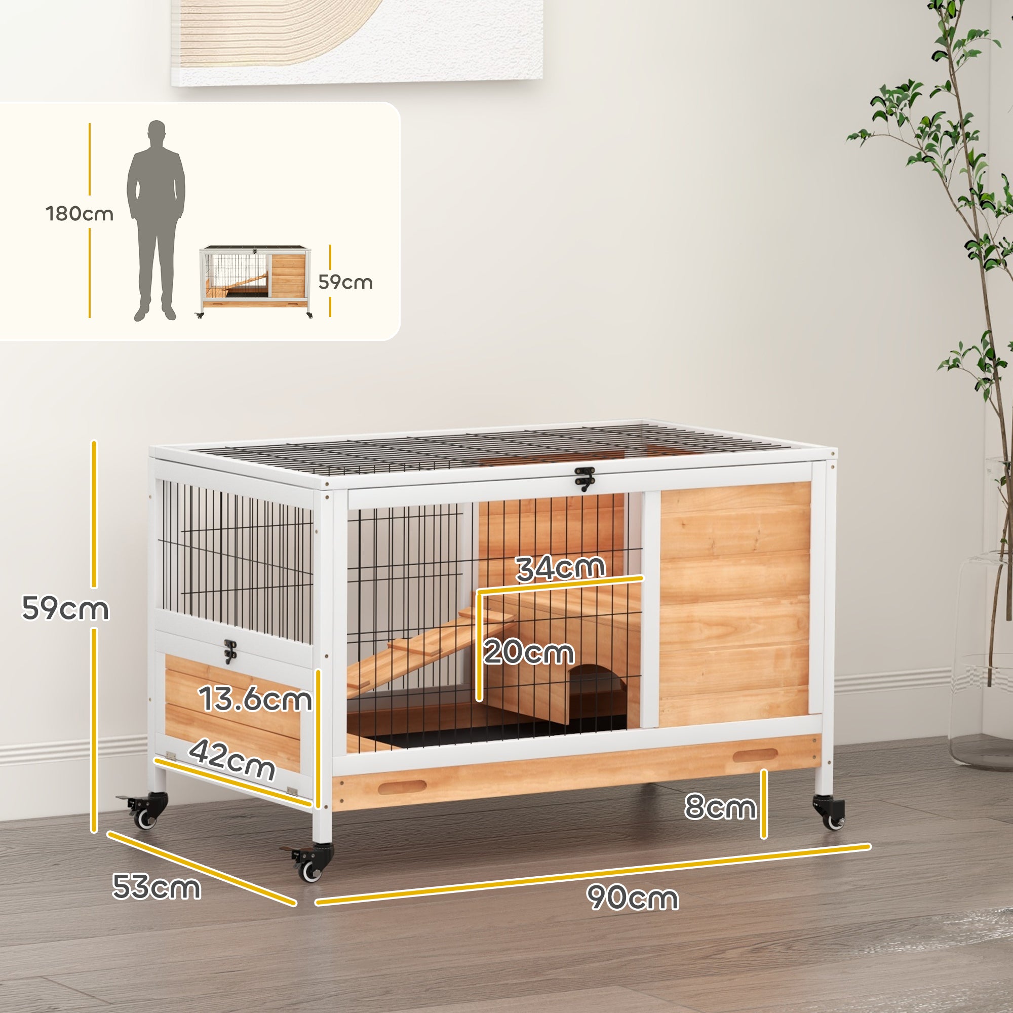 PawHut Wooden Guinea Pig Hutch,  Small Animal Cage with Openable Roof, Indoor Enclosed Run with No-Leak Tray, Yellow