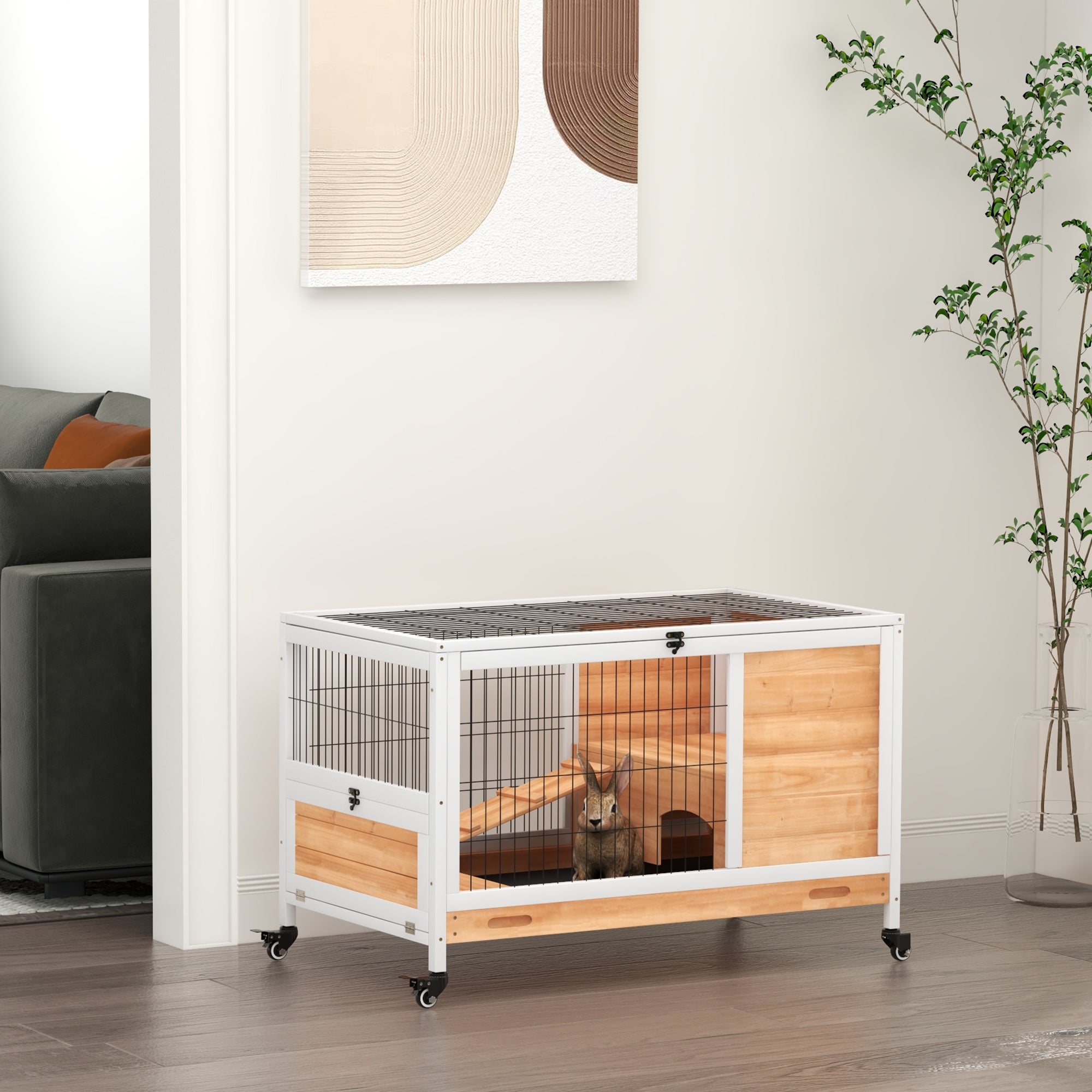 PawHut Wooden Guinea Pig Hutch,  Small Animal Cage with Openable Roof, Indoor Enclosed Run with No-Leak Tray, Yellow