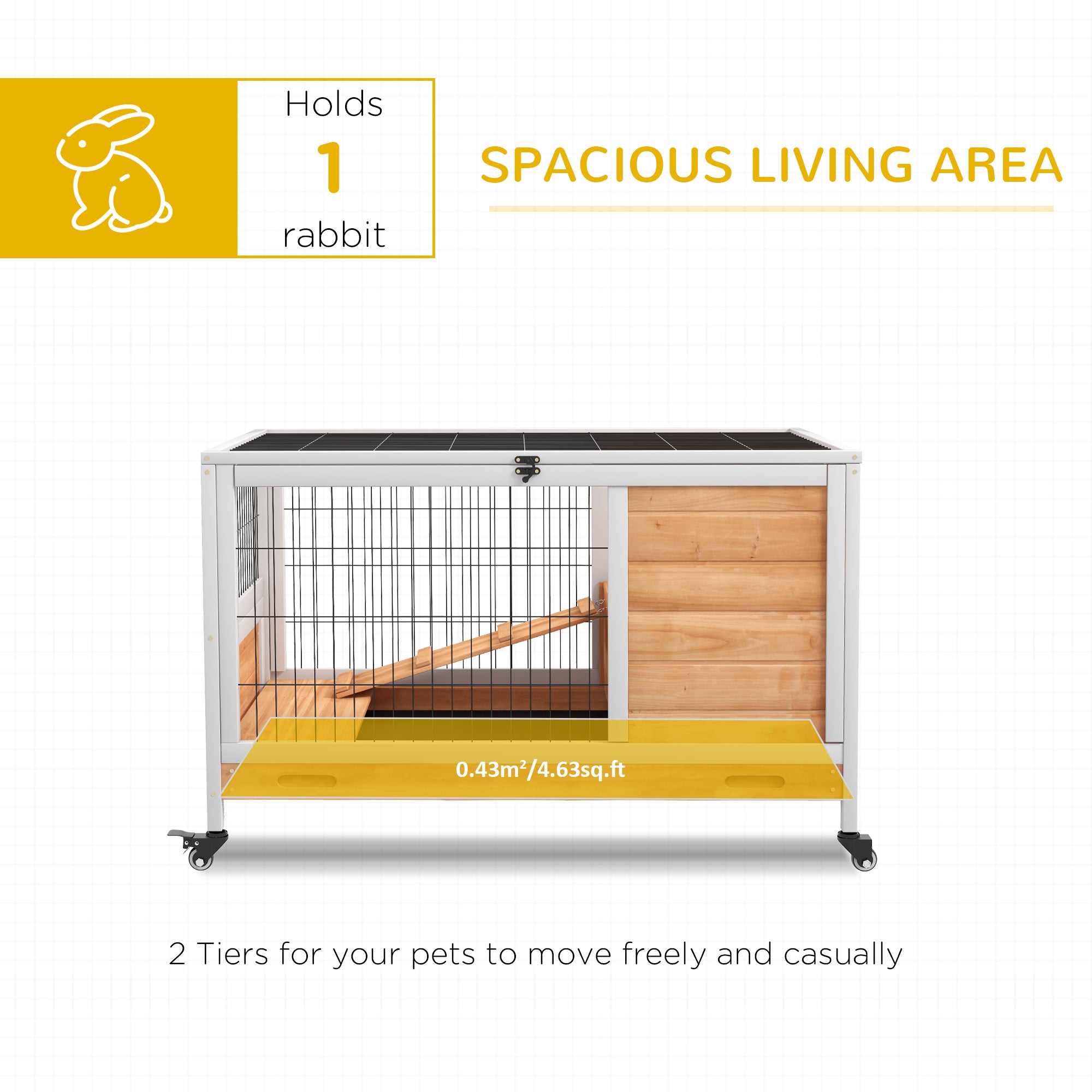PawHut Wooden Guinea Pig Hutch,  Small Animal Cage with Openable Roof, Indoor Enclosed Run with No-Leak Tray, Yellow