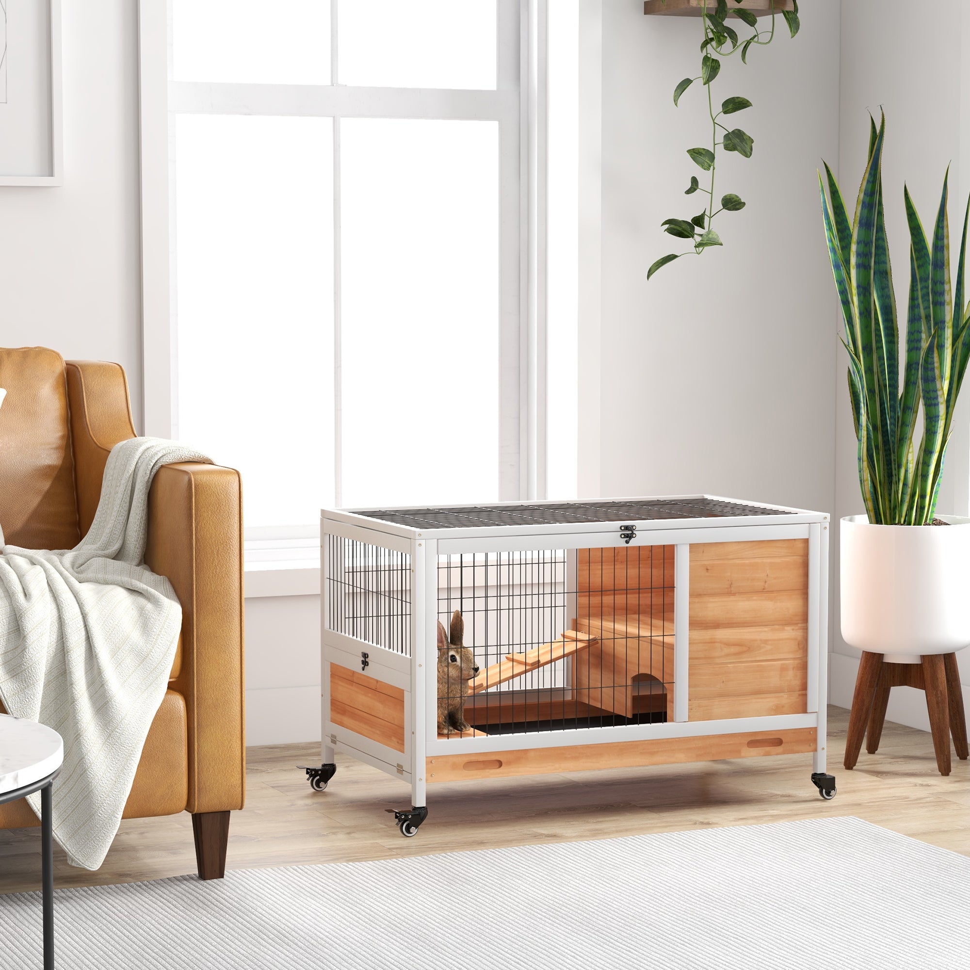 PawHut Wooden Guinea Pig Hutch,  Small Animal Cage with Openable Roof, Indoor Enclosed Run with No-Leak Tray, Yellow