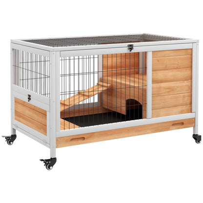 PawHut Wooden Guinea Pig Hutch,  Small Animal Cage with Openable Roof, Indoor Enclosed Run with No-Leak Tray, Yellow