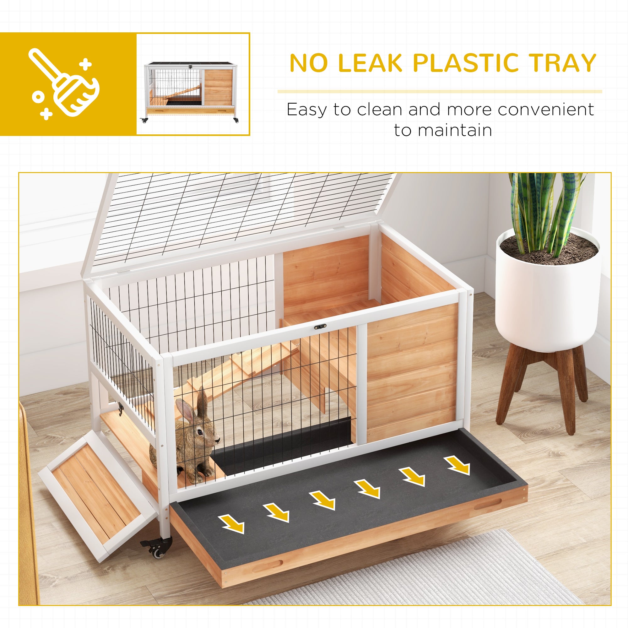PawHut Wooden Guinea Pig Hutch,  Small Animal Cage with Openable Roof, Indoor Enclosed Run with No-Leak Tray, Yellow