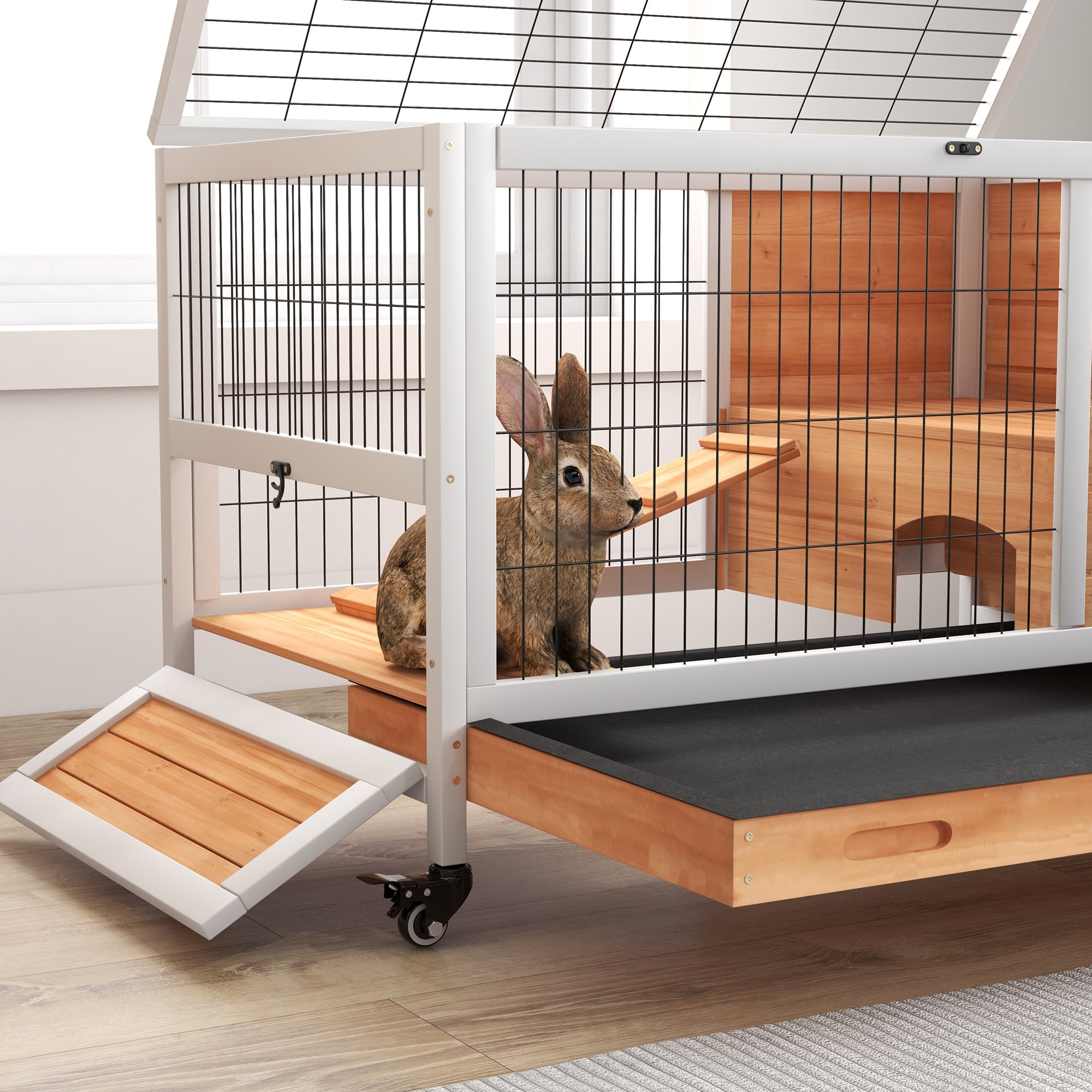 PawHut Wooden Guinea Pig Hutch,  Small Animal Cage with Openable Roof, Indoor Enclosed Run with No-Leak Tray, Yellow