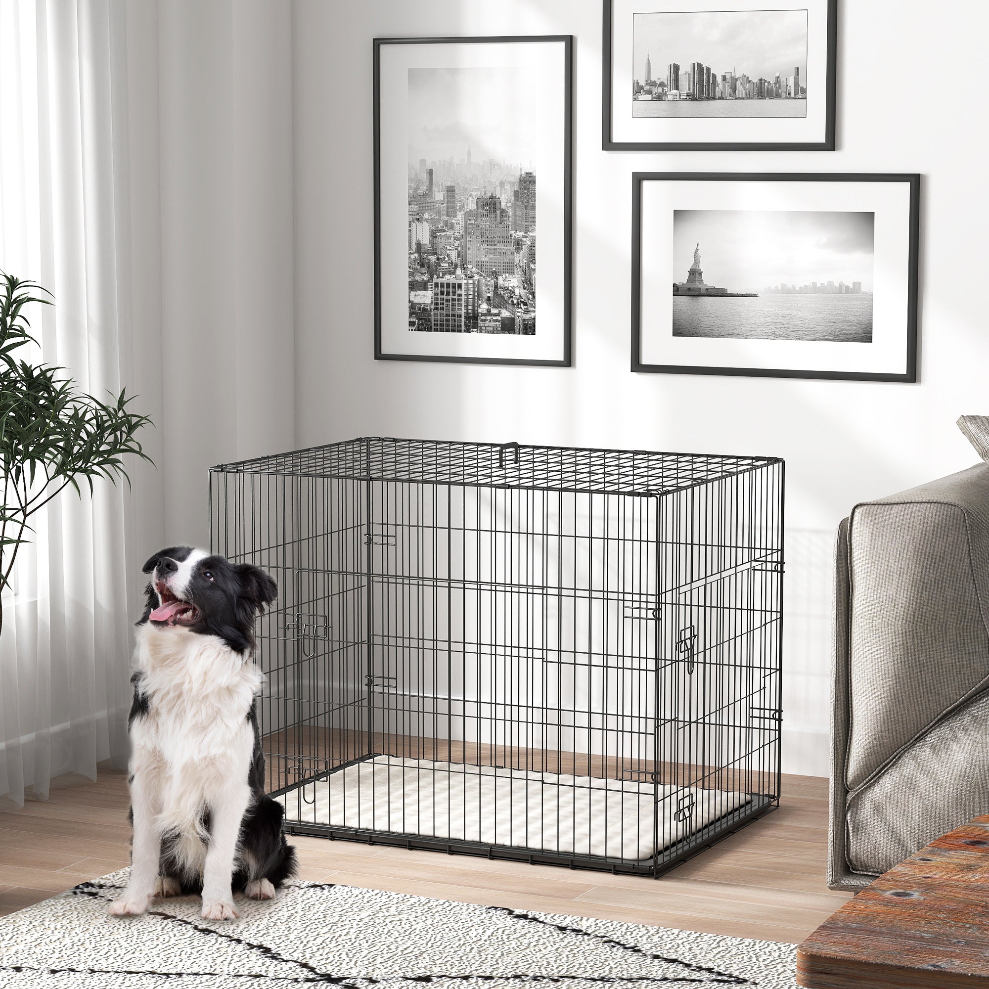 PawHut Dog Crate, Folding Metal Dog Cage with Two Doors, Tray, Soft Cushion, for Large Dogs, 91 x 62 x 68 cm, Black