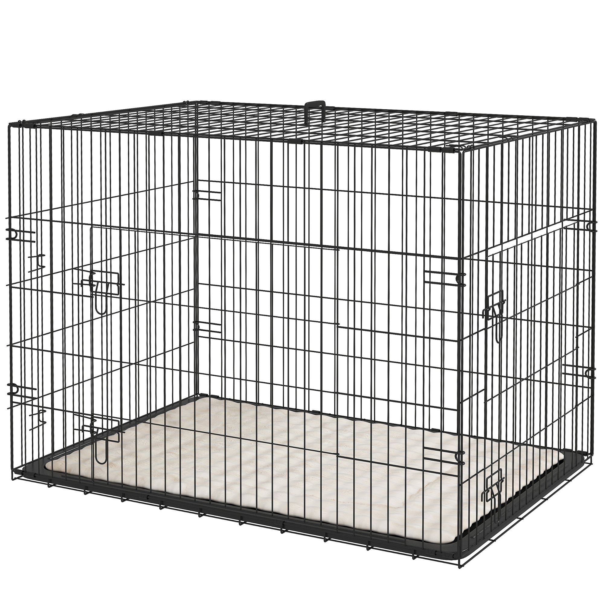 PawHut Dog Crate, Folding Metal Dog Cage with Two Doors, Tray, Soft Cushion, for Large Dogs, 91 x 62 x 68 cm, Black