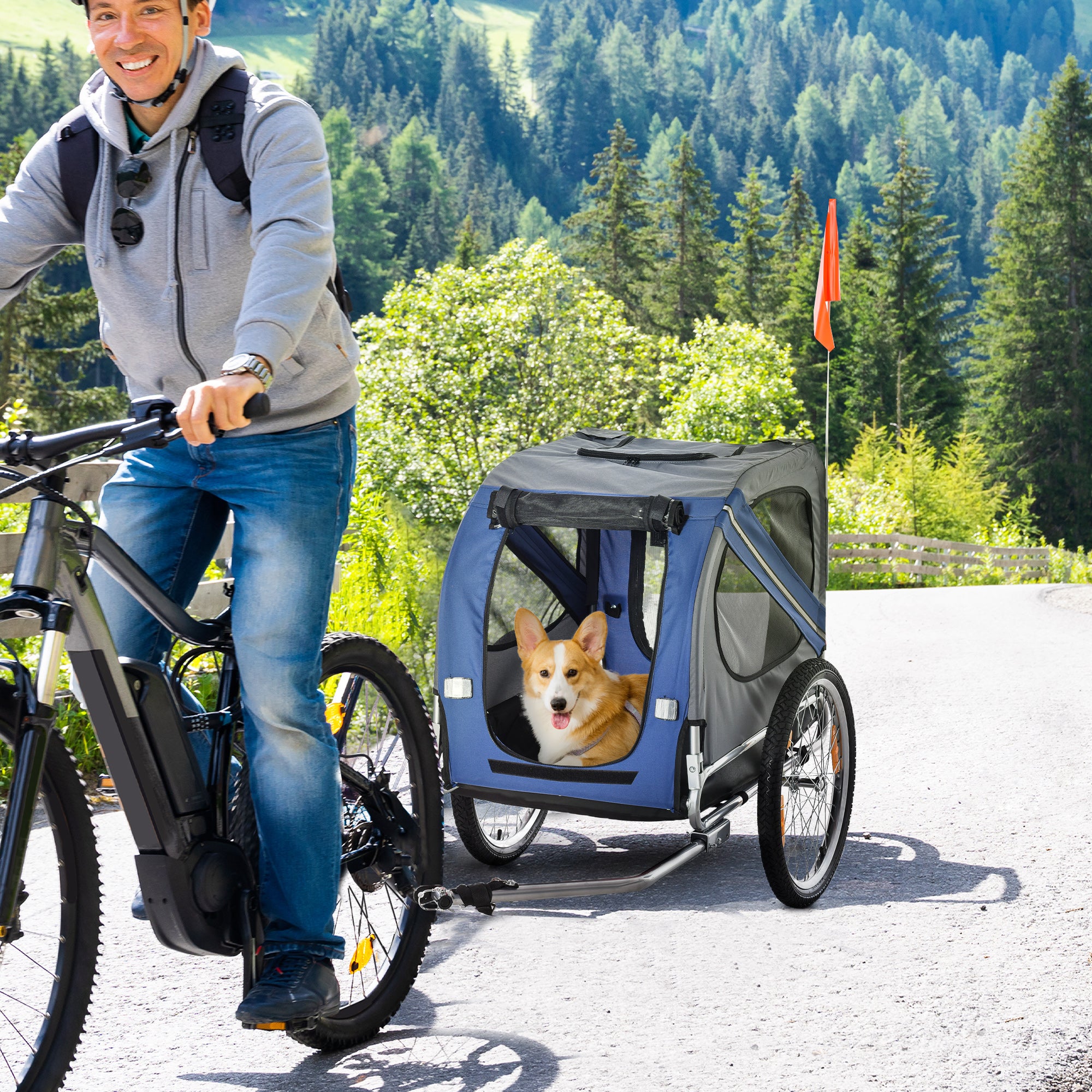 Aosom Dog Bike Trailer Pet Cart Bicycle Wagon Cargo Carrier Attachment for Travel with 3 Entrances Large Wheels for Off-Road & Mesh Screen, Blue