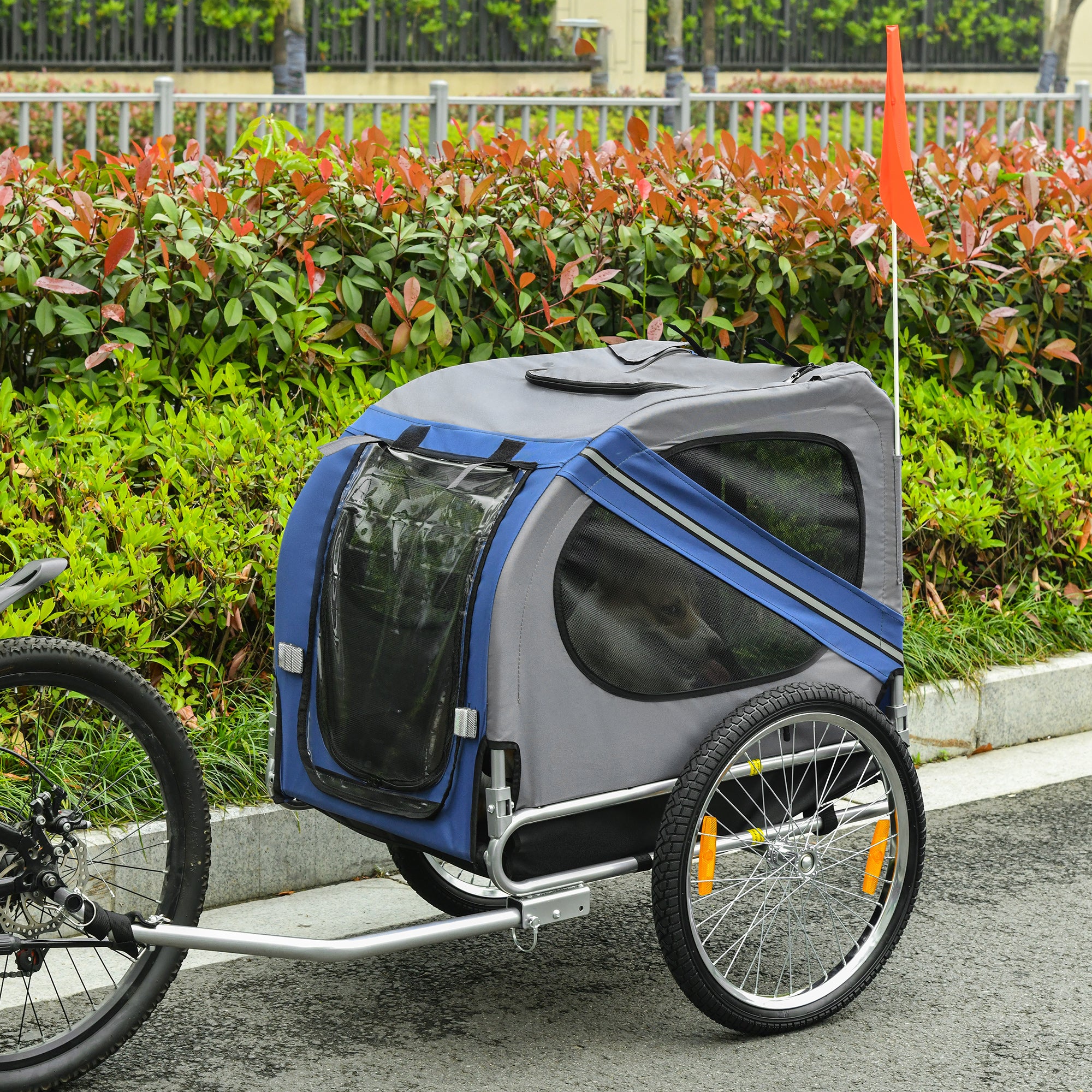 Aosom Dog Bike Trailer Pet Cart Bicycle Wagon Cargo Carrier Attachment for Travel with 3 Entrances Large Wheels for Off-Road & Mesh Screen, Blue