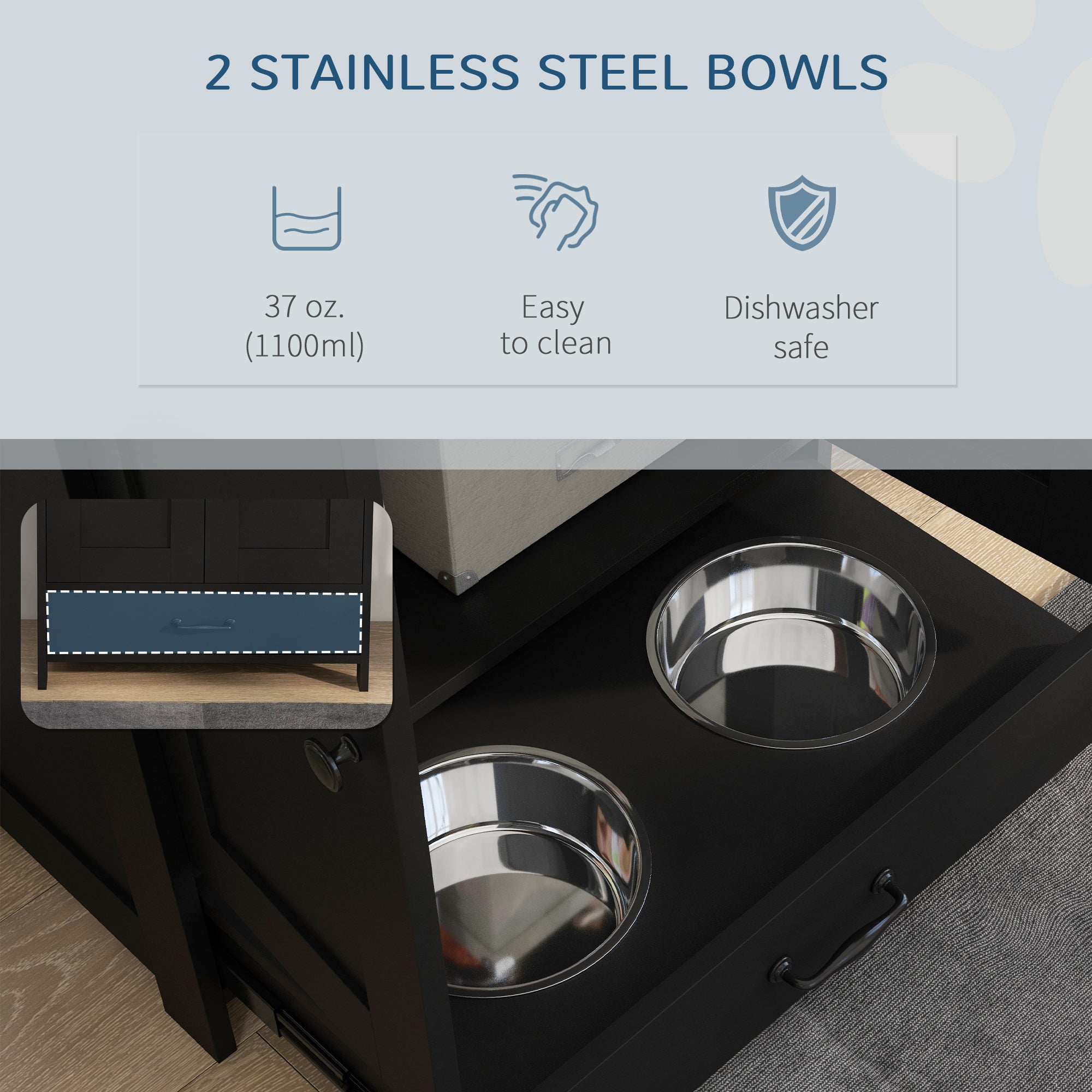 PawHut Dog Feeding Station, Dog Food Storage Cabinet with Hidden Dog Bowls, Adjustable Panel, Hooks for Medium Sized Dogs, Black