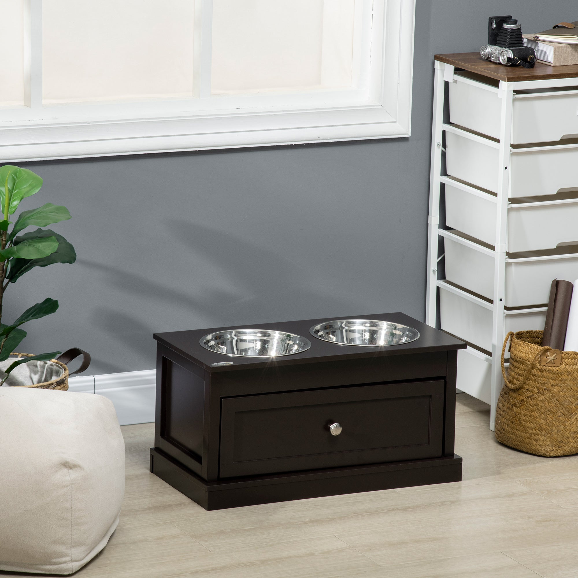 PawHut Elevated Dog Bowls with Storage Drawer, Raised Dog Bowls with Stand, 2 Stainless Steel Bowls for Large Dogs, Coffee