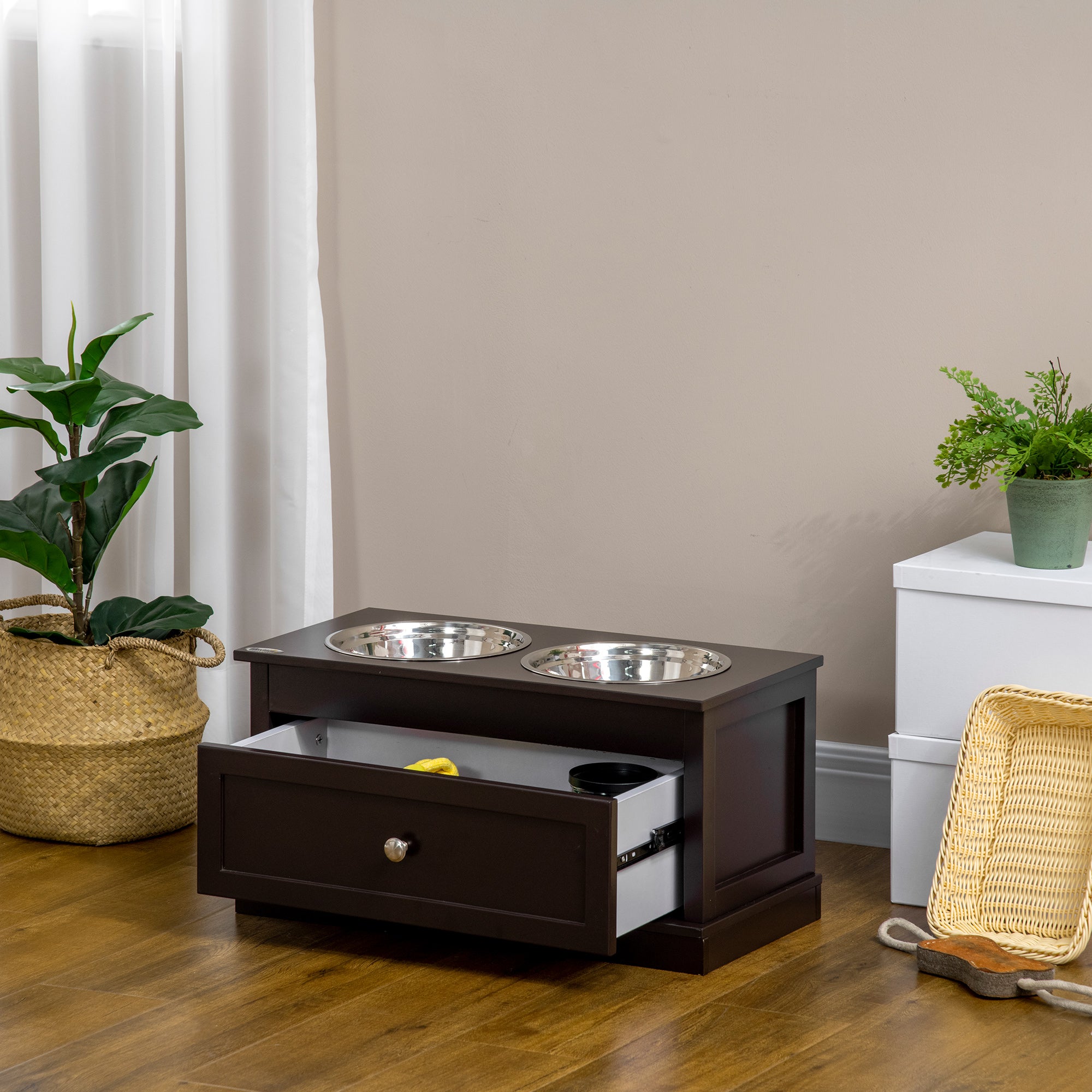 PawHut Elevated Dog Bowls with Storage Drawer, Raised Dog Bowls with Stand, 2 Stainless Steel Bowls for Large Dogs, Coffee