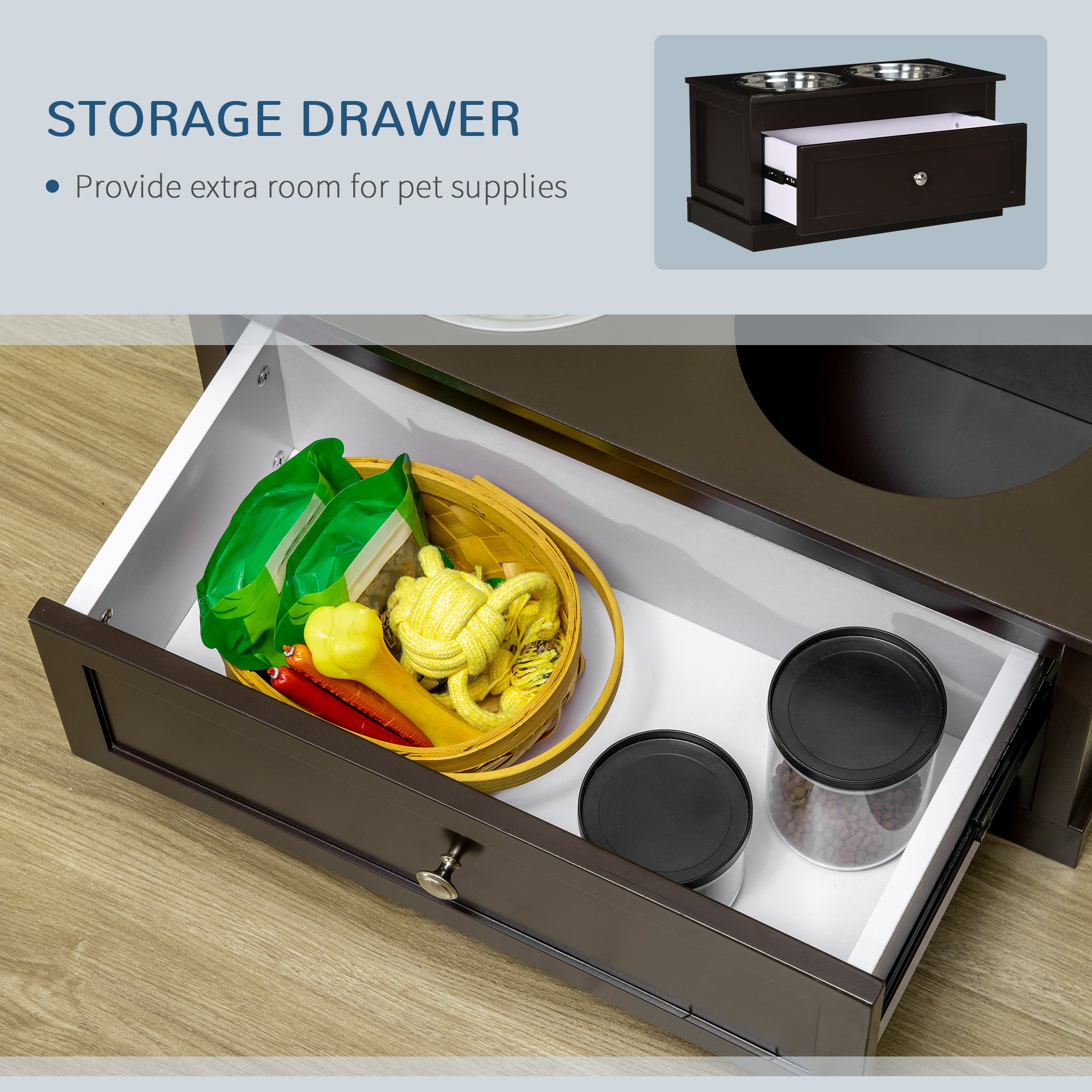 PawHut Elevated Dog Bowls with Storage Drawer, Raised Dog Bowls with Stand, 2 Stainless Steel Bowls for Large Dogs, Coffee